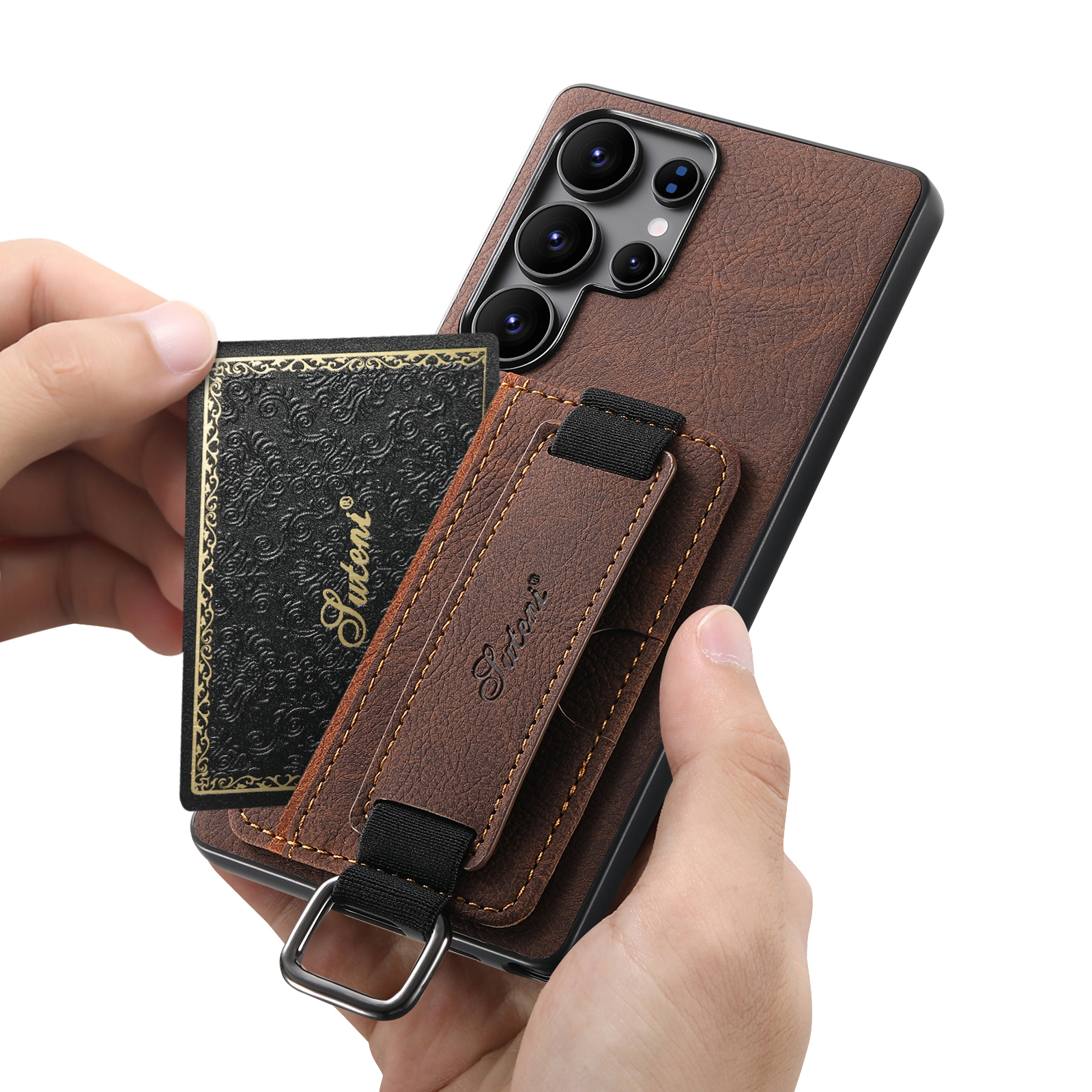 SUTENI H13LZ PU Leather Phone Case Wrist Strap Ring Buckle Card Holder Stand For Samsung S25Ultra S24Plus S23 S22 Note20
