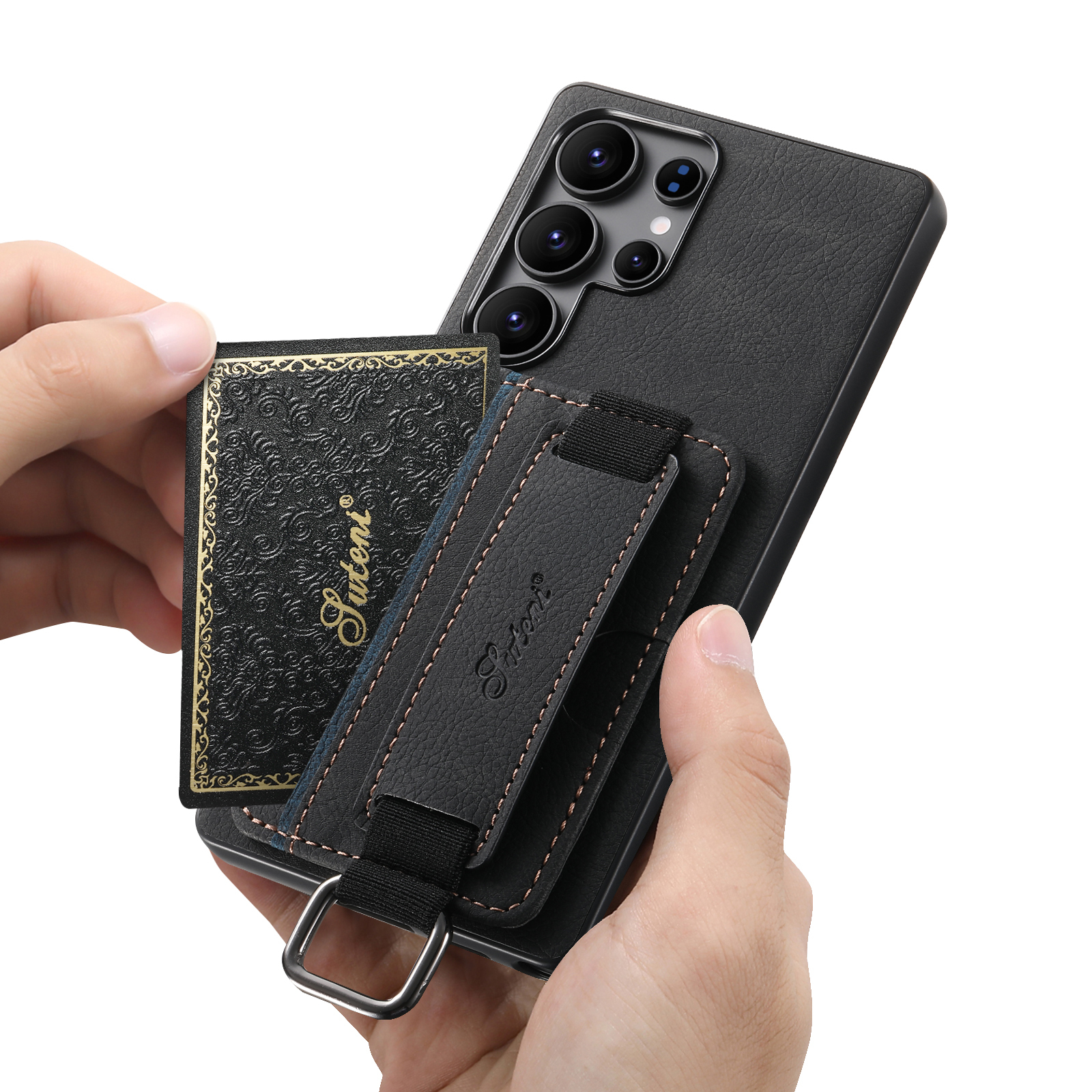 SUTENI H13LZ PU Leather Phone Case Wrist Strap Ring Buckle Card Holder Stand For Samsung S25Ultra S24Plus S23 S22 Note20
