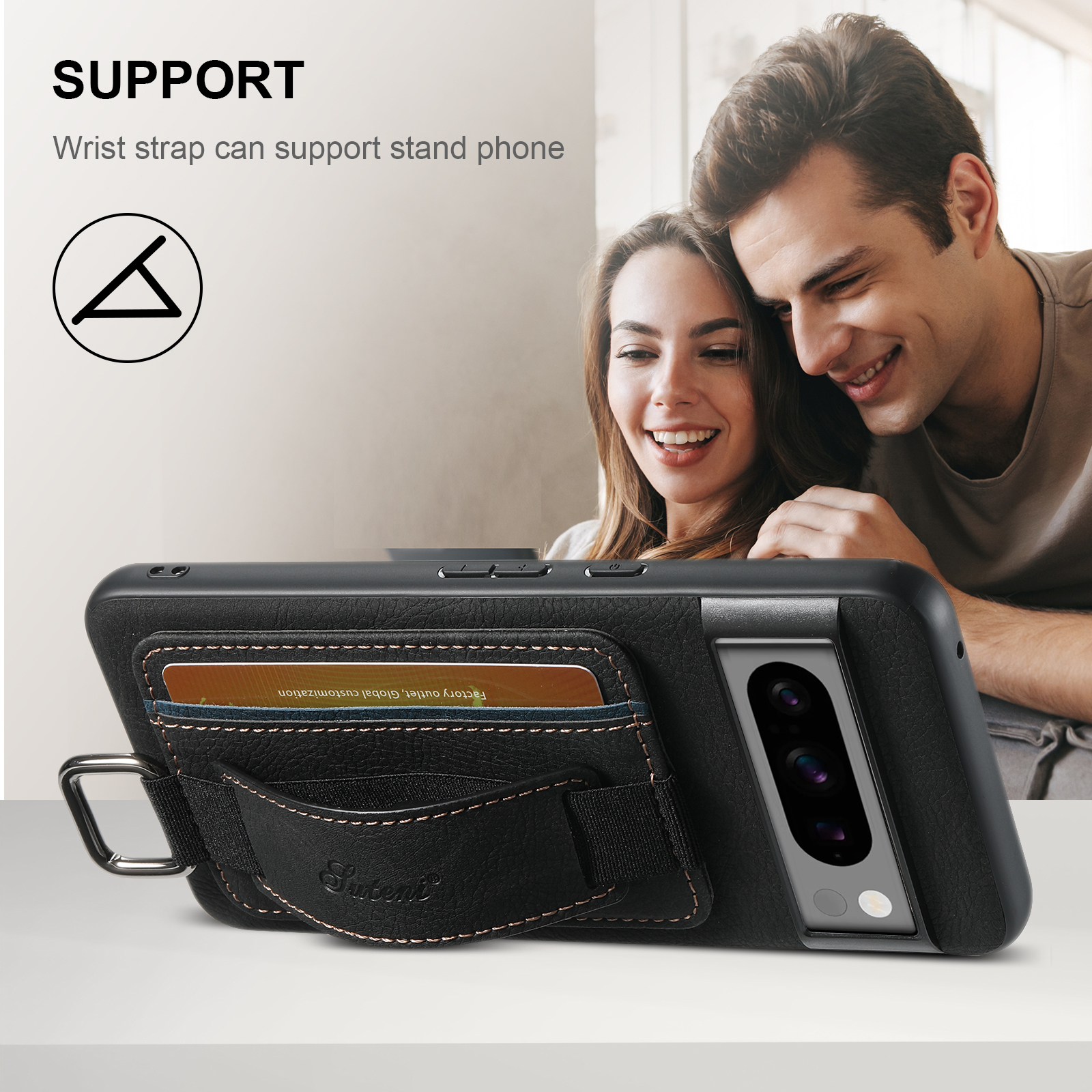 SUTENI H13LZ PU Leather Phone Case Wrist Strap Ring Buckle Card Holder Stand For Google Pixel 9XL 8Pro 7A 6