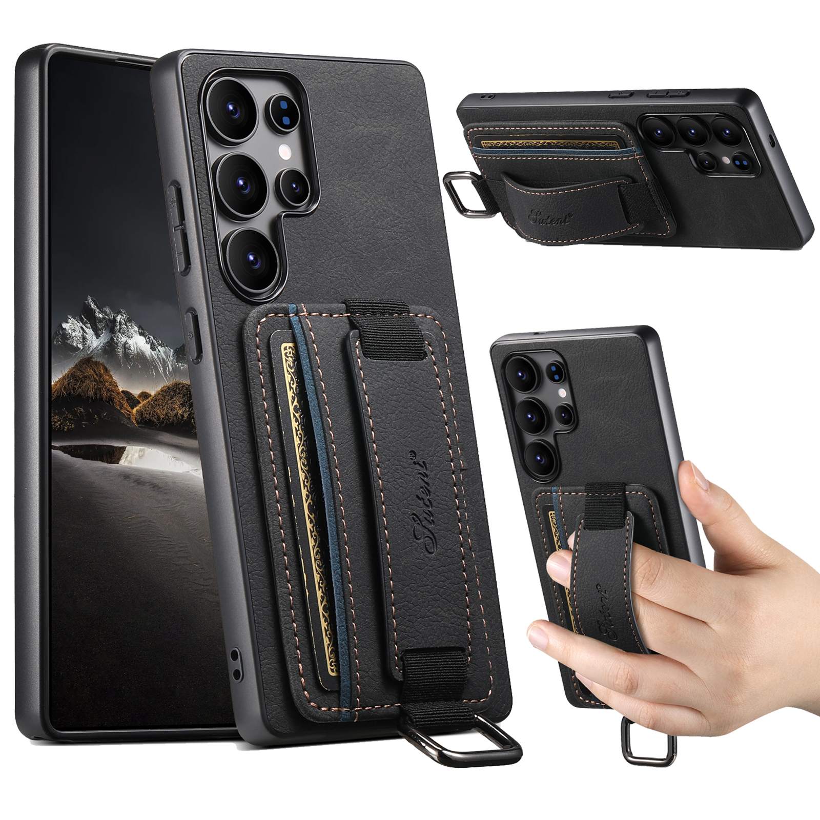 SUTENI H13LZ PU Leather Phone Case Wrist Strap Ring Buckle Card Holder Stand For Samsung S25Ultra S24Plus S23 S22 Note20