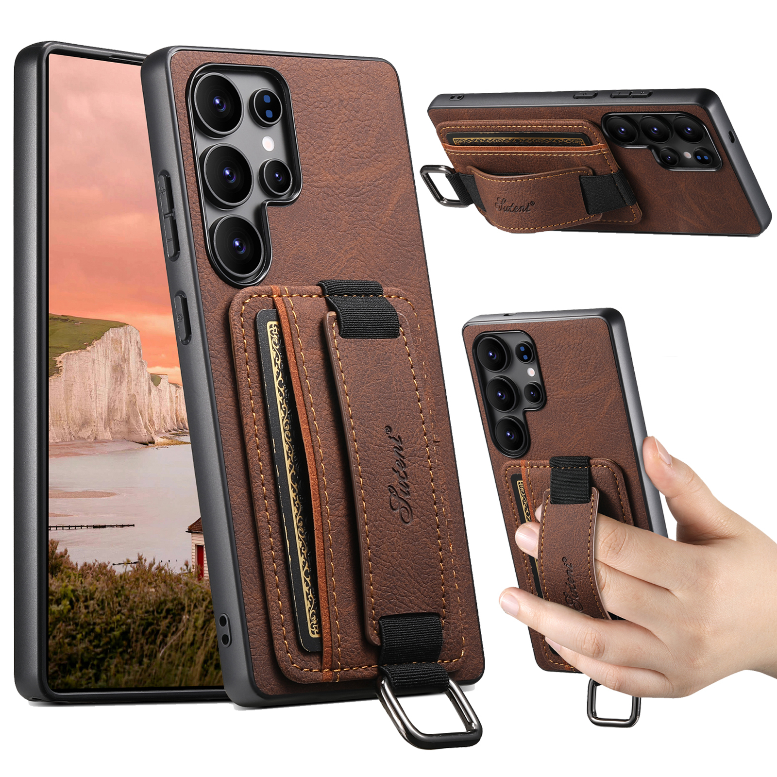 SUTENI H13LZ PU Leather Phone Case Wrist Strap Ring Buckle Card Holder Stand For Samsung S25Ultra S24Plus S23 S22 Note20