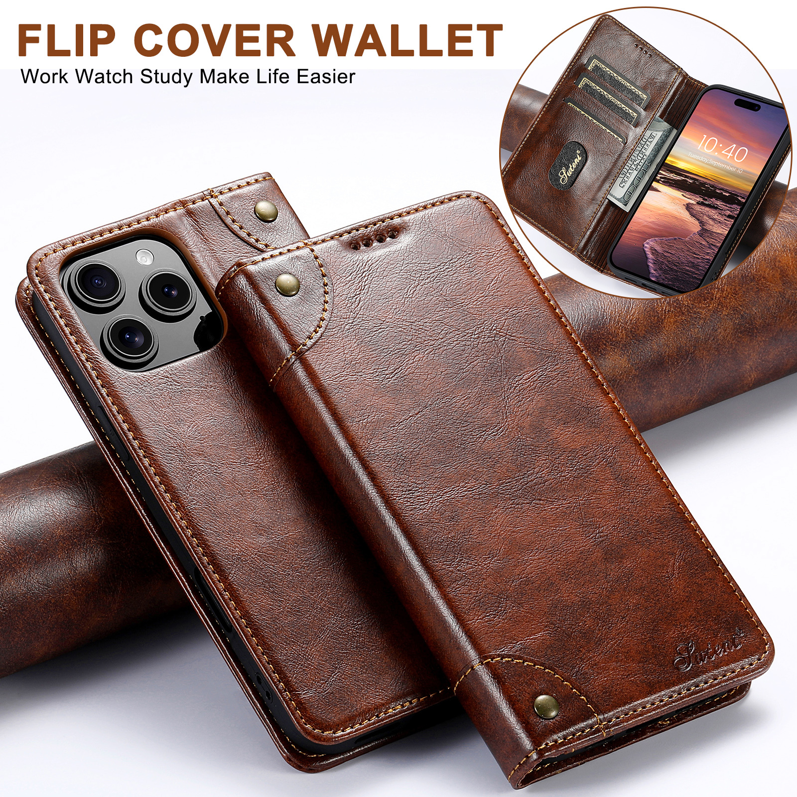 SUTENI BLK Phone Case Faux Leather Card Holder Stand Wallet Magnet Flip Cover For iPhone 17 Pro Max 16 Plus 15 14 13 mini 12 11