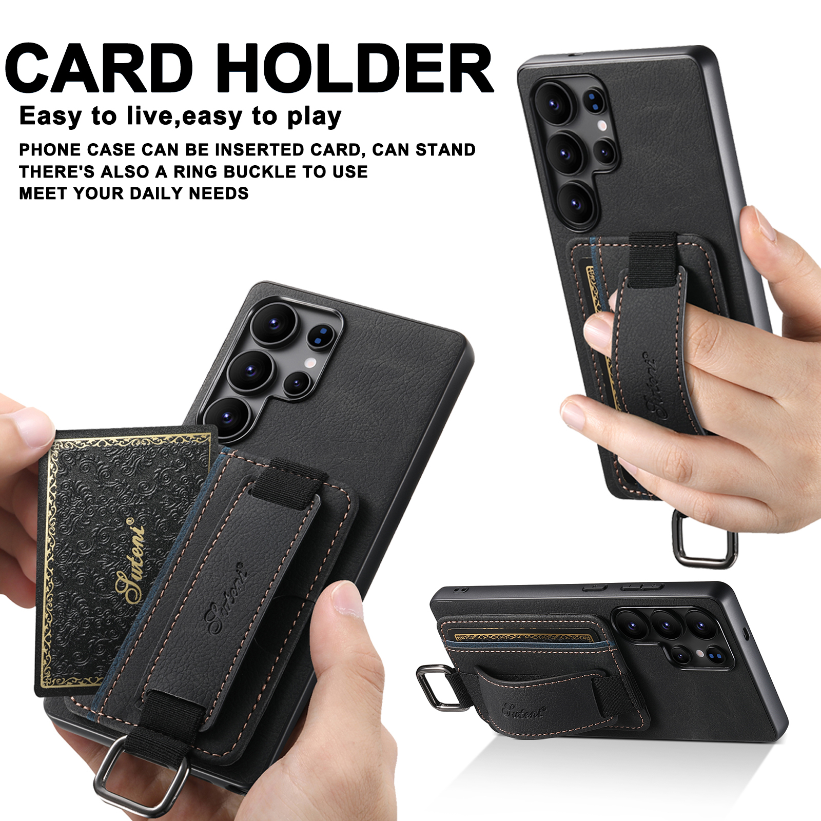 SUTENI H13LZ PU Leather Phone Case Wrist Strap Ring Buckle Card Holder Stand For Samsung S25Ultra S24Plus S23 S22 Note20