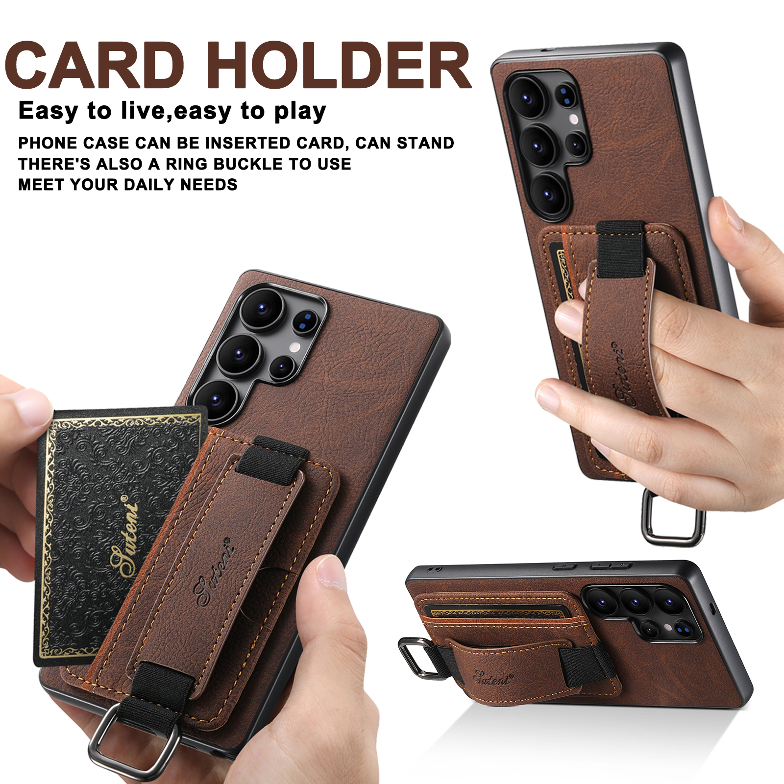 SUTENI H13LZ PU Leather Phone Case Wrist Strap Ring Buckle Card Holder Stand For Samsung S25Ultra S24Plus S23 S22 Note20