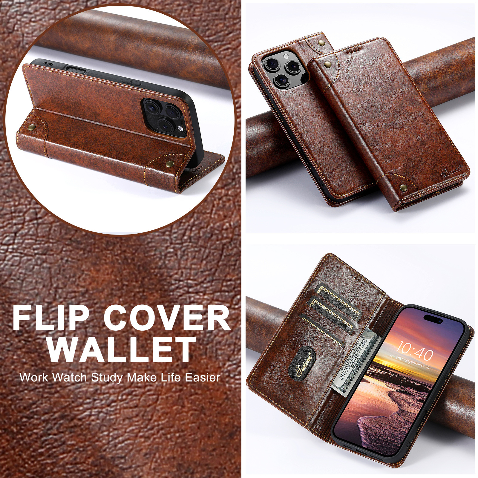 SUTENI BLK Phone Case Faux Leather Card Holder Stand Wallet Magnet Flip Cover For iPhone 17 Pro Max 16 Plus 15 14 13 mini 12 11