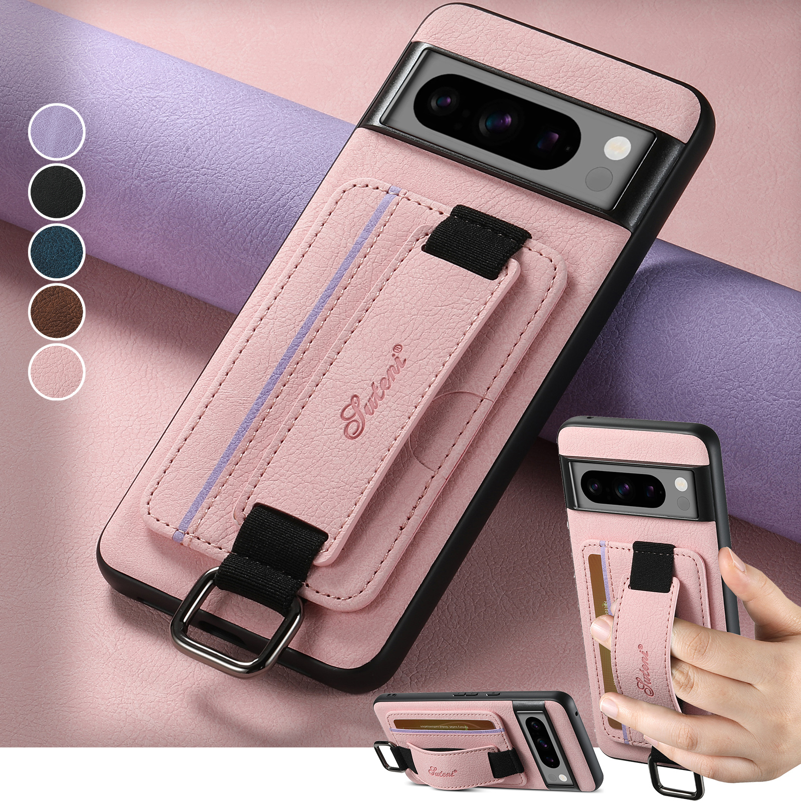 SUTENI H13LZ Faux Leather Phone Case Wrist Strap Ring Buckle Card Holder Stand For Google Pixel 10ProXL 9 8A 7 6