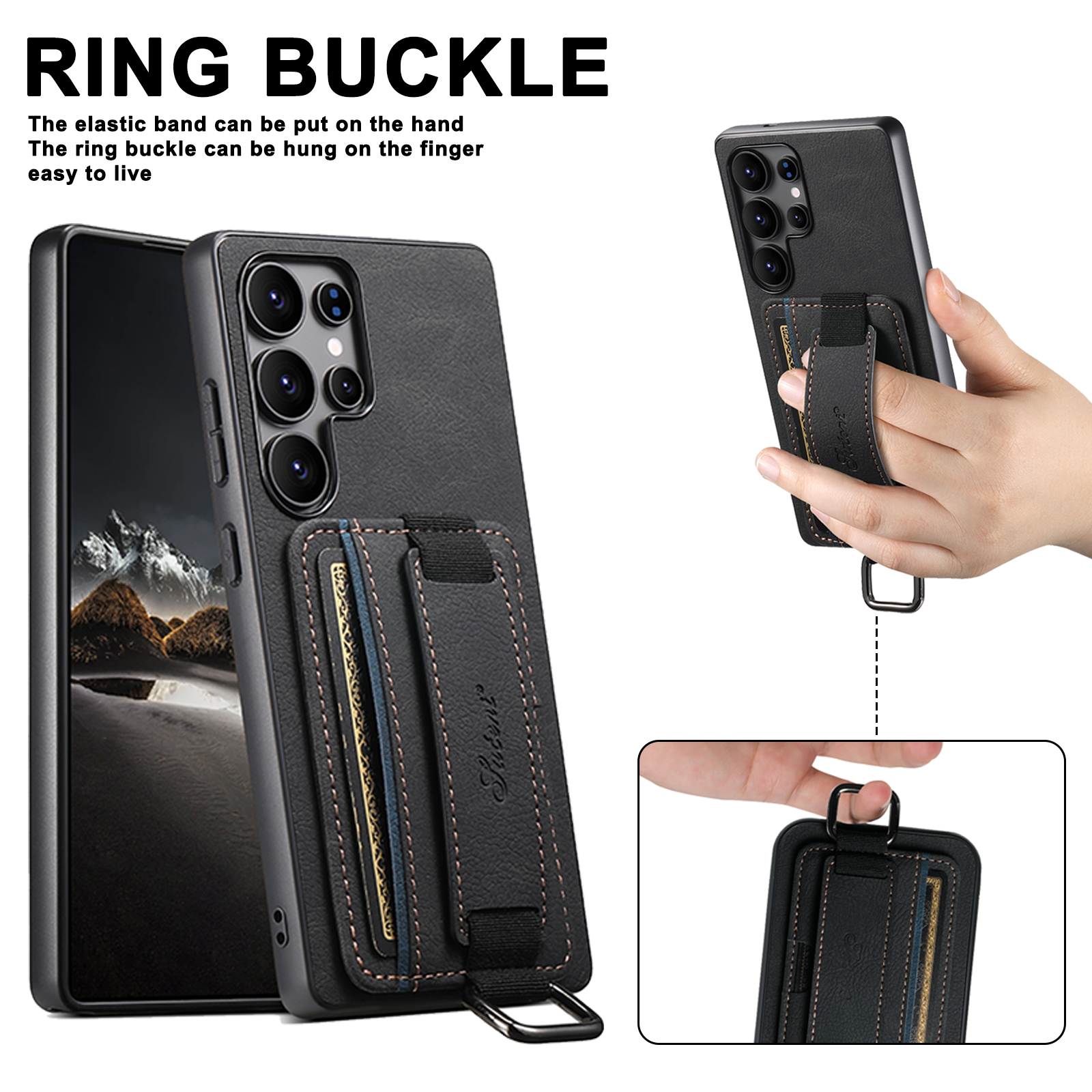 SUTENI H13LZ PU Leather Phone Case Wrist Strap Ring Buckle Card Holder Stand For Samsung S25Ultra S24Plus S23 S22 Note20