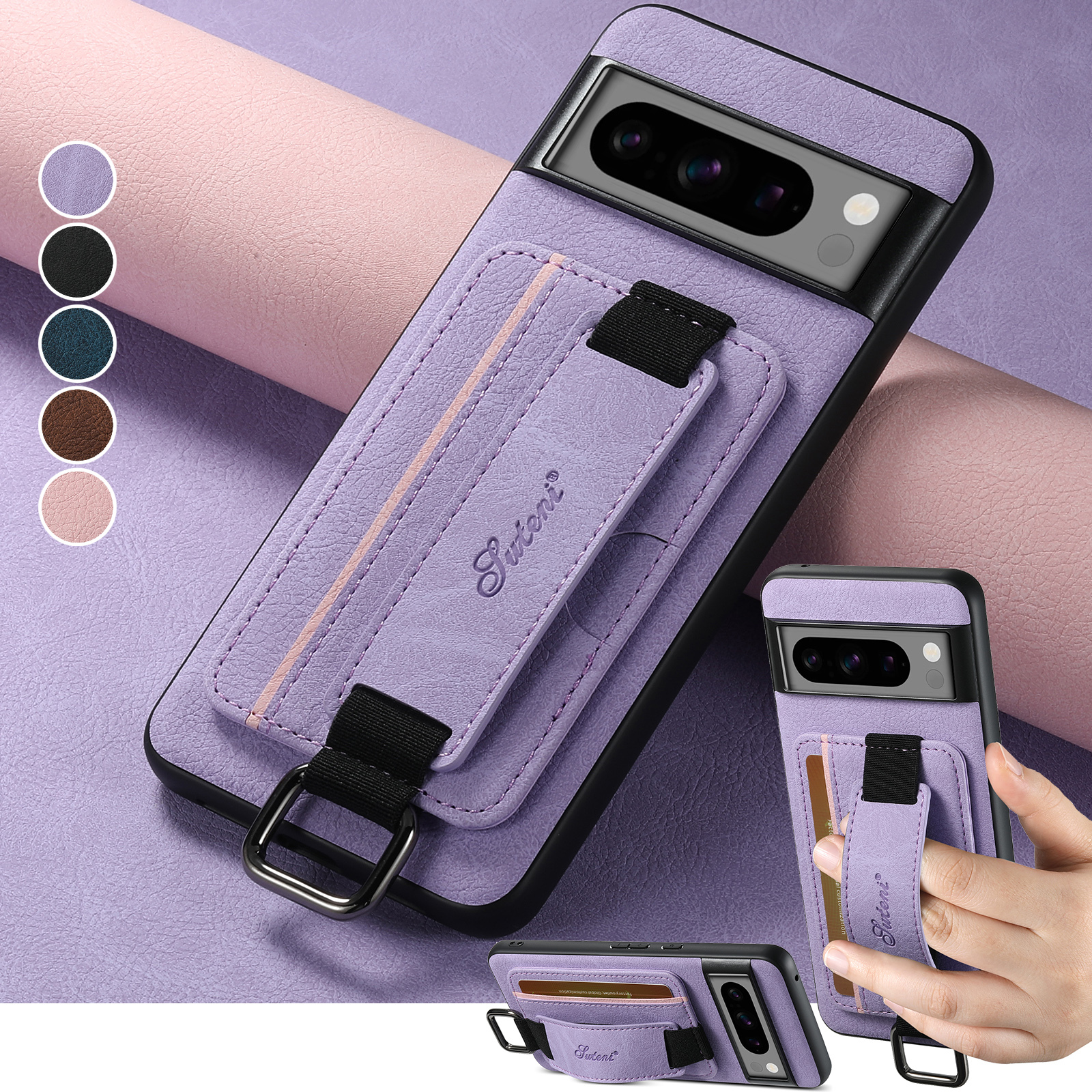 SUTENI H13LZ Faux Leather Phone Case Wrist Strap Ring Buckle Card Holder Stand For Google Pixel 10ProXL 9 8A 7 6