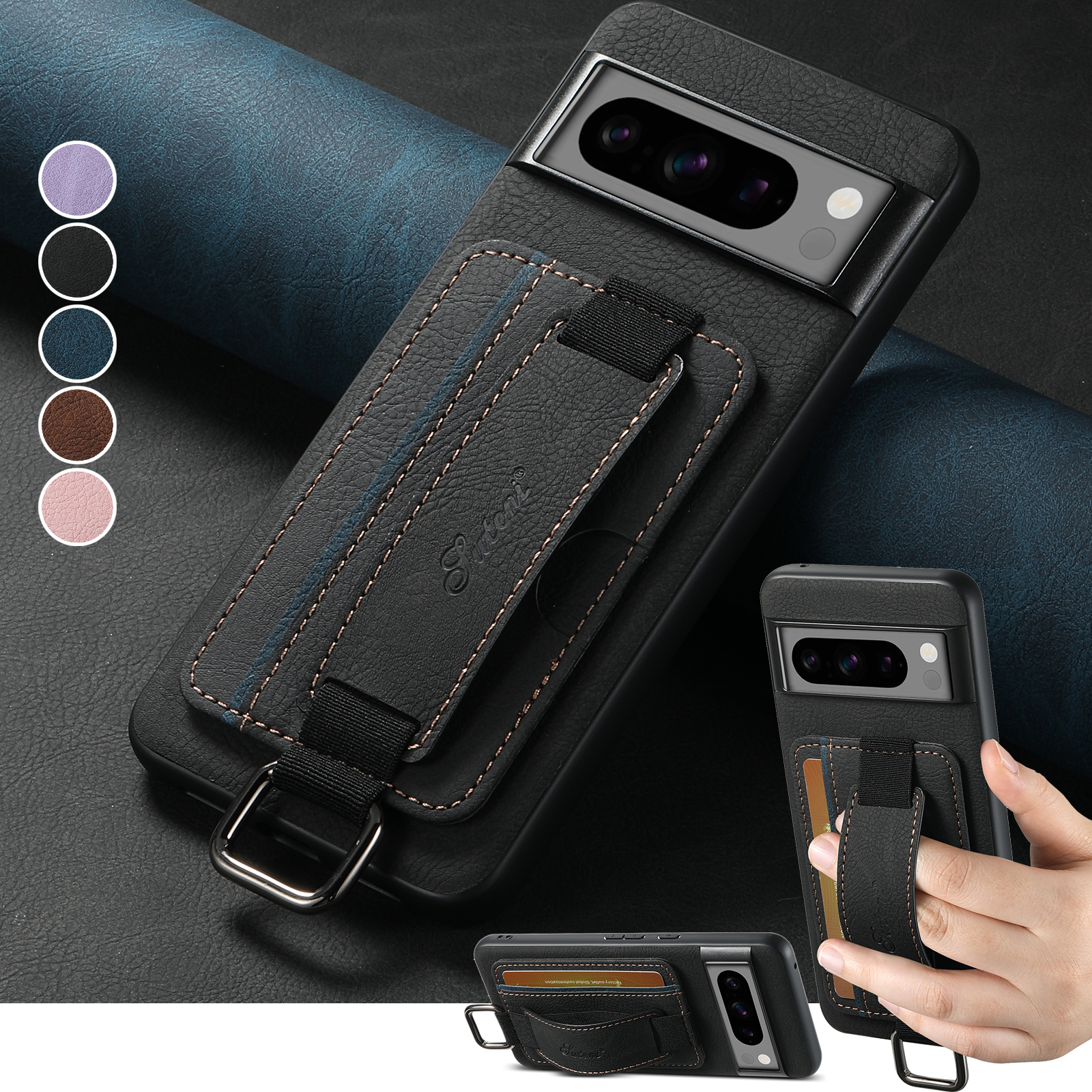 SUTENI H13LZ PU Leather Phone Case Wrist Strap Ring Buckle Card Holder Stand For Google Pixel 9XL 8Pro 7A 6
