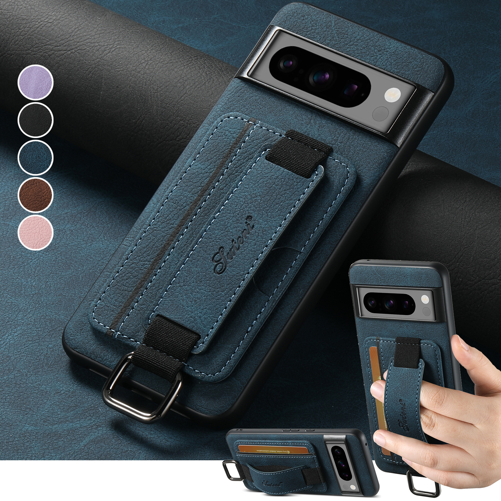 SUTENI H13LZ PU Leather Phone Case Wrist Strap Ring Buckle Card Holder Stand For Google Pixel 9XL 8Pro 7A 6