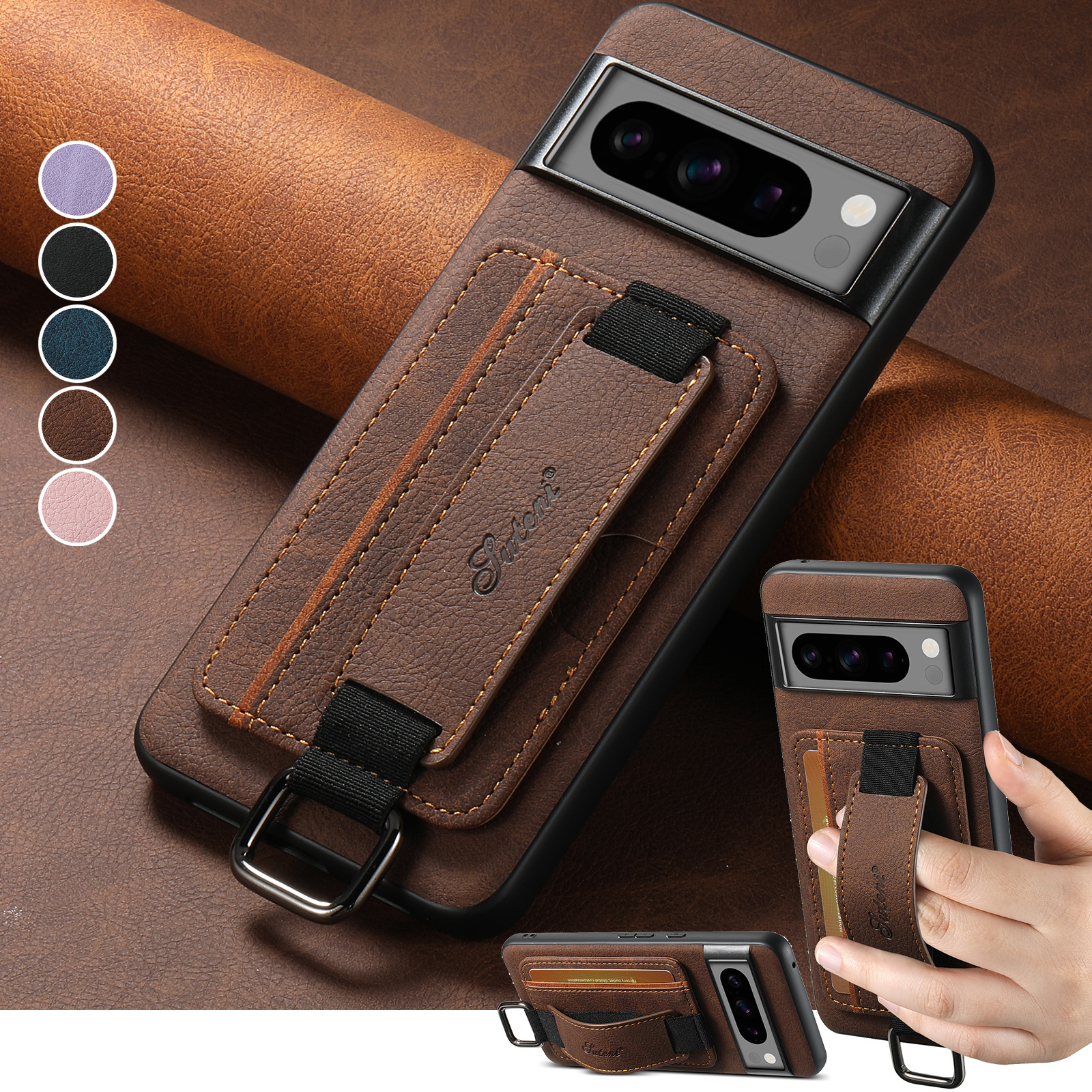 SUTENI H13LZ PU Leather Phone Case Wrist Strap Ring Buckle Card Holder Stand For Google Pixel 9XL 8Pro 7A 6