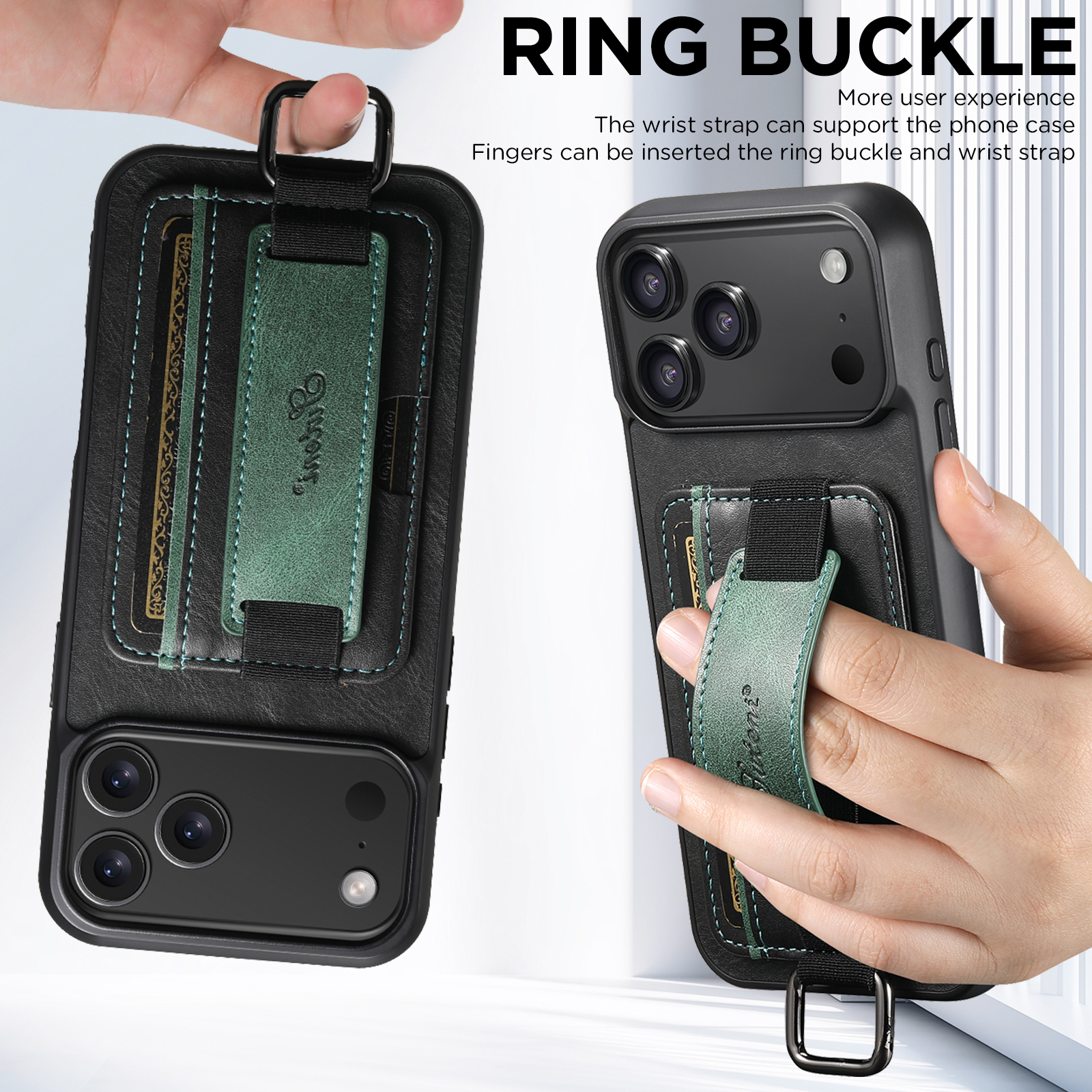 SUTENI H13YL Phone Case Wrist Strap Ring Buckle Faux Leather Card Holder Stand For iPhone 17 Pro Max 16 Plus 15 14 13 12