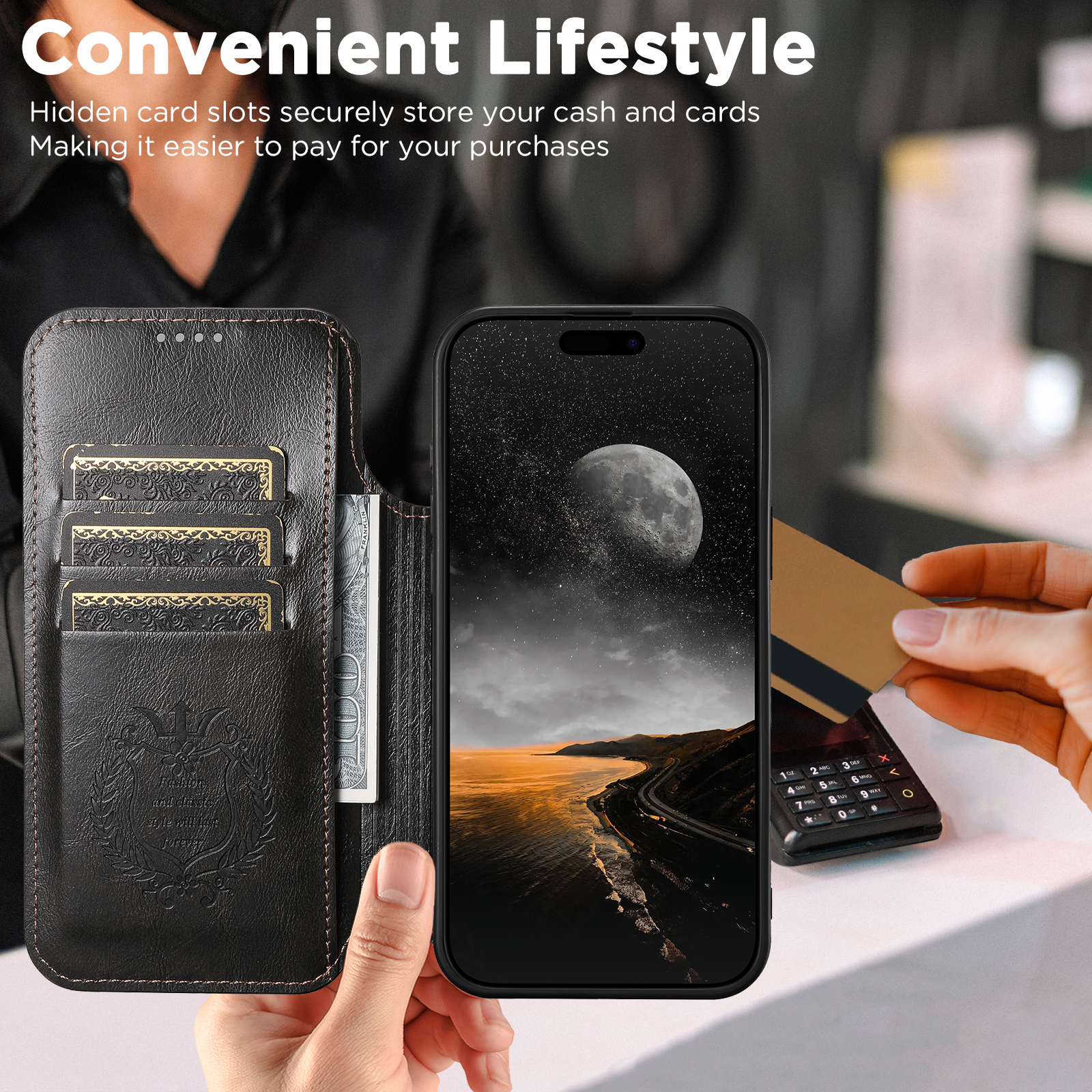 SUTENI J05 Faux Leather Wireless Charging  Card Holder Stand Wallet Magnetic buckle Phone Case For iPhone 17 Pro Max 16 Plus 15 14 13 12