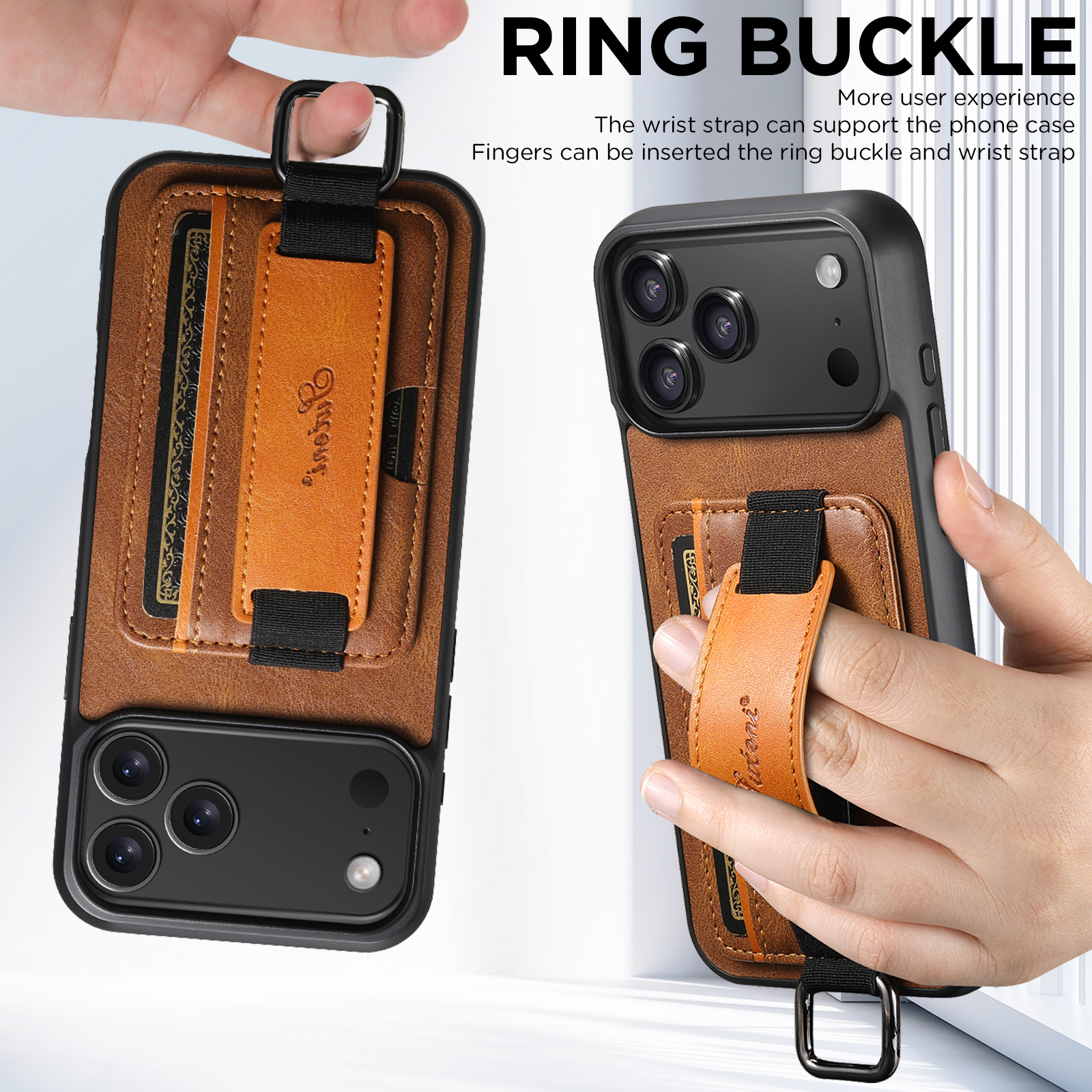 SUTENI H13YL Phone Case Wrist Strap Ring Buckle Faux Leather Card Holder Stand For iPhone 17 Pro Max 16 Plus 15 14 13 12