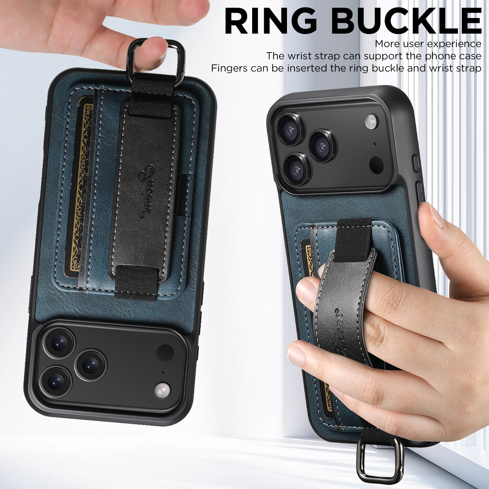 SUTENI H13YL Phone Case Wrist Strap Ring Buckle Faux Leather Card Holder Stand For iPhone 17 Pro Max 16 Plus 15 14 13 12