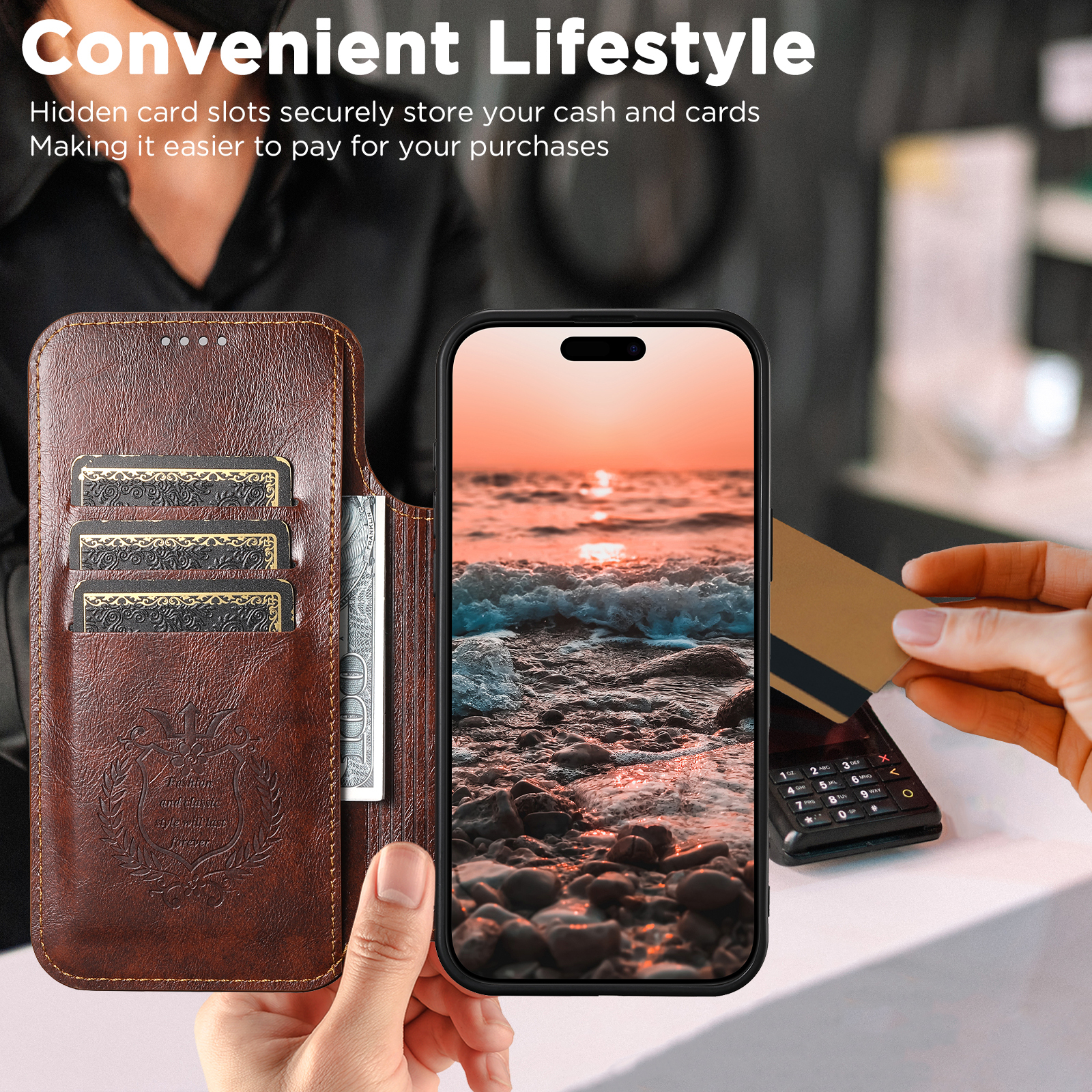 SUTENI J05 Faux Leather Wireless Charging  Card Holder Stand Wallet Magnetic buckle Phone Case For iPhone 17 Pro Max 16 Plus 15 14 13 12