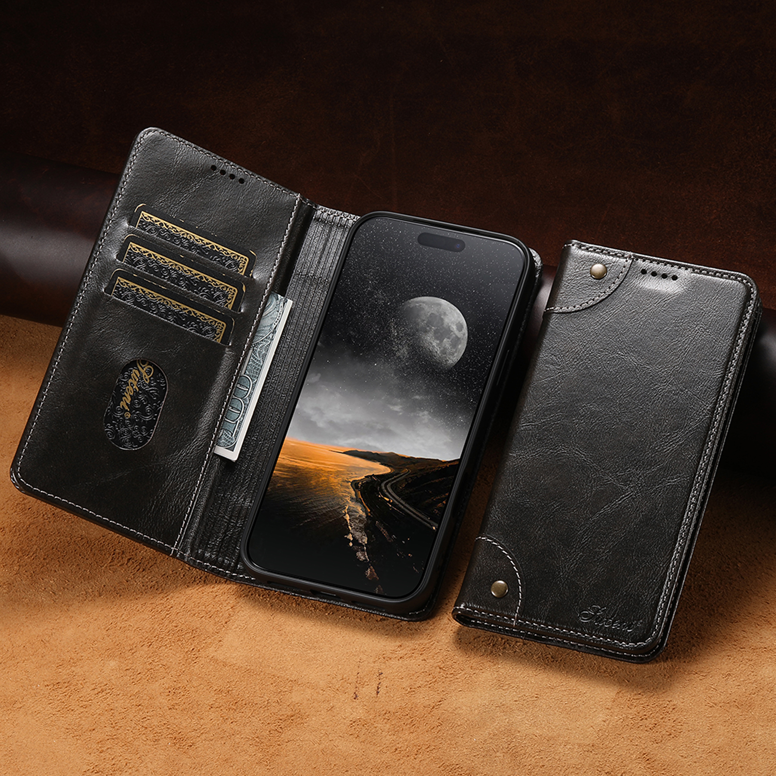 SUTENI BLK Phone Case Faux Leather Card Holder Stand Wallet Magnet Flip Cover For iPhone 17 Pro Max 16 Plus 15 14 13 12