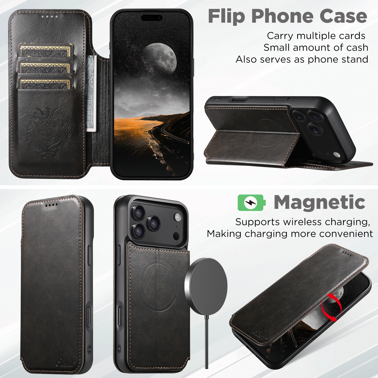 SUTENI J05 Faux Leather Wireless Charging  Card Holder Stand Wallet Magnetic buckle Phone Case For iPhone 17 Pro Max 16 Plus 15 14 13 12