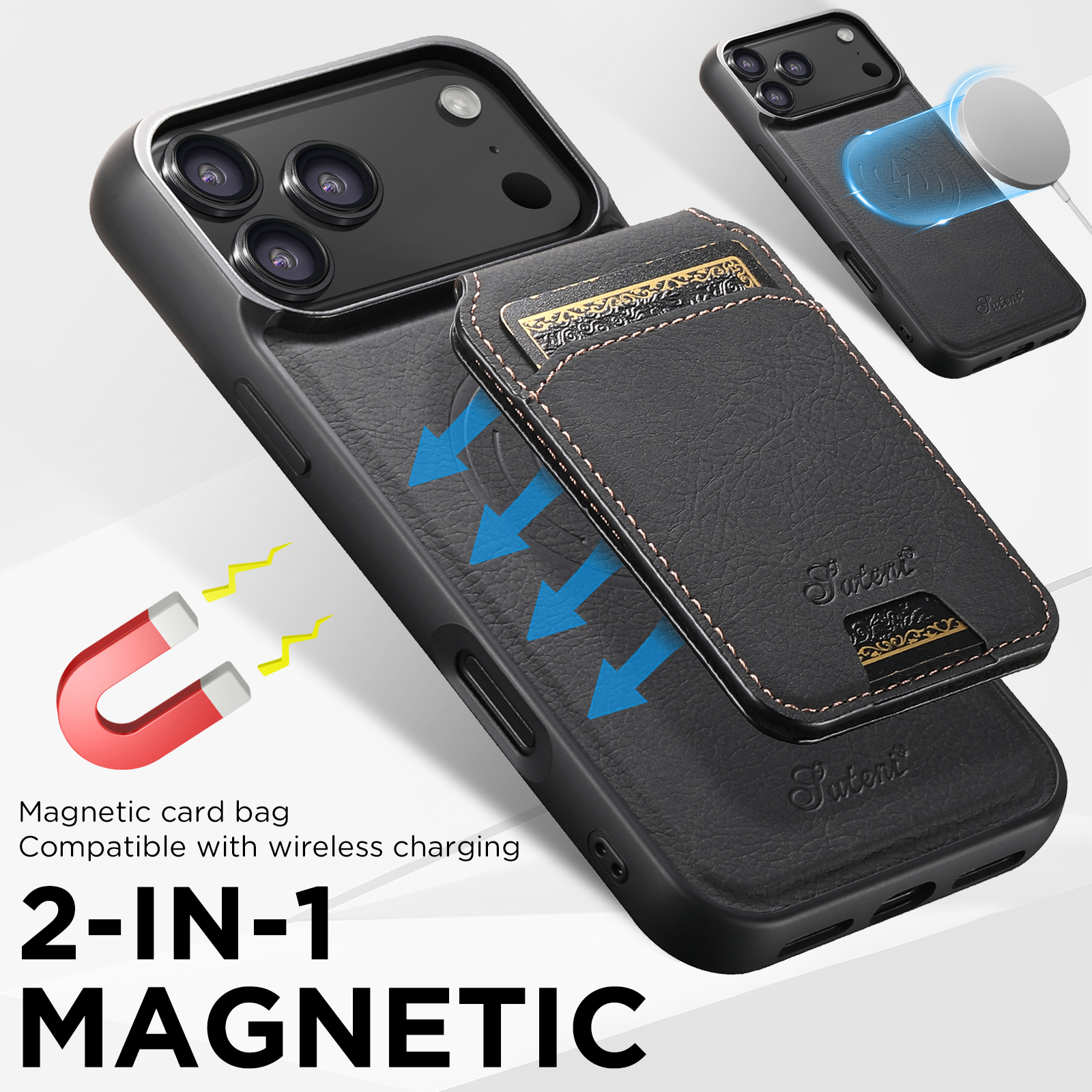 SUTENI H16 Wireless Charging Phone Case Magnet Card Holder Stand Faux Leather For iPhone 17 Pro Max 16 Plus 15 14 13 12