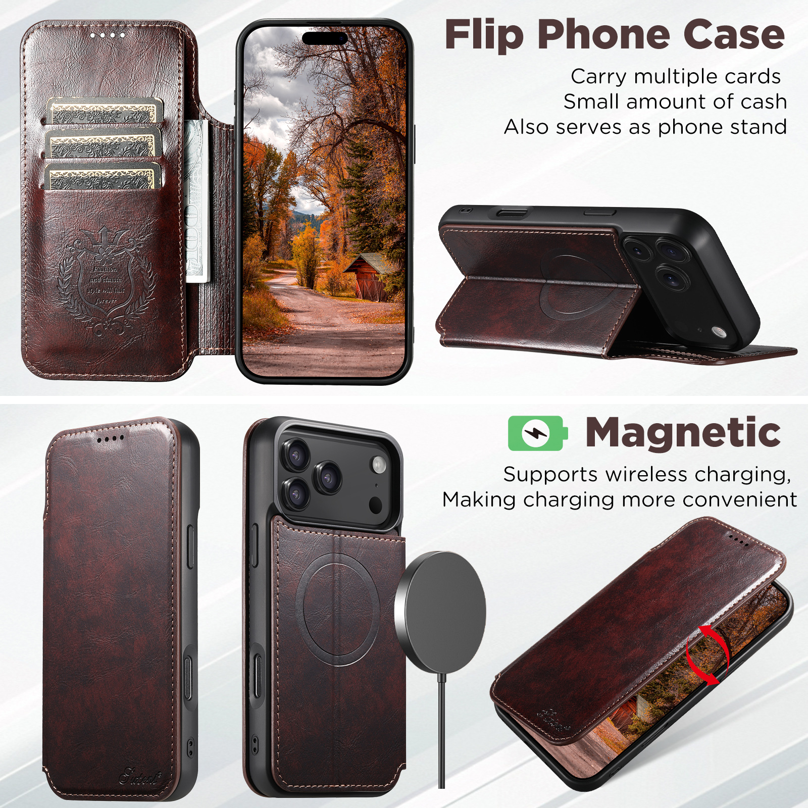 SUTENI J05 Faux Leather Wireless Charging  Card Holder Stand Wallet Magnetic buckle Phone Case For iPhone 17 Pro Max 16 Plus 15 14 13 12