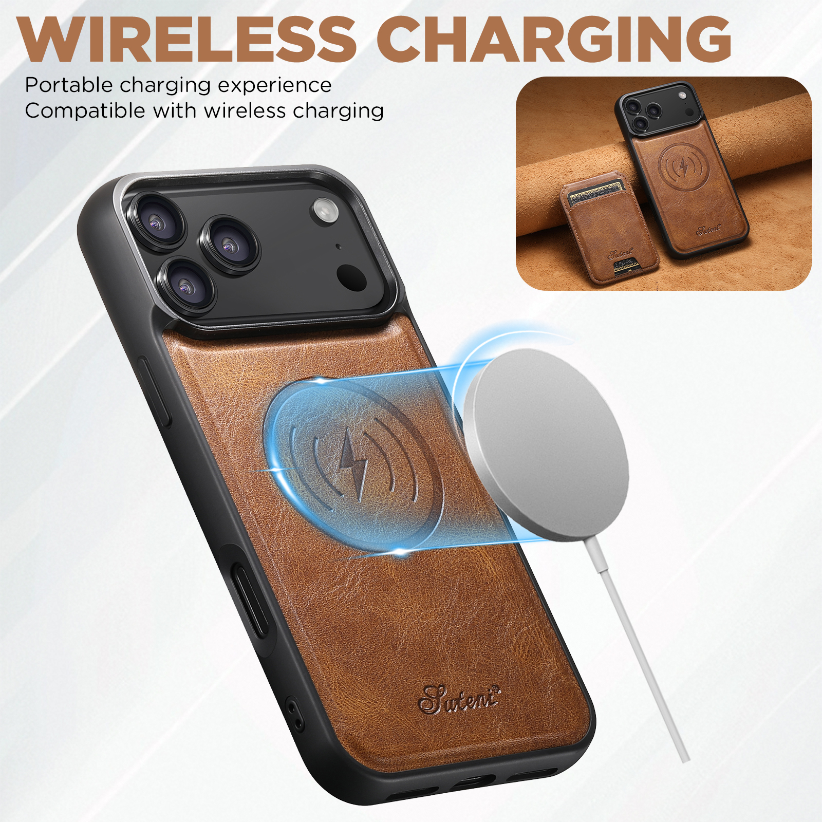 SUTENI H15 Wireless Charging Faux Leather Magnet Card Holder Stand Picture frame Phone Case For iPhone 17 Pro Max 16 Plus 15 14 13 12