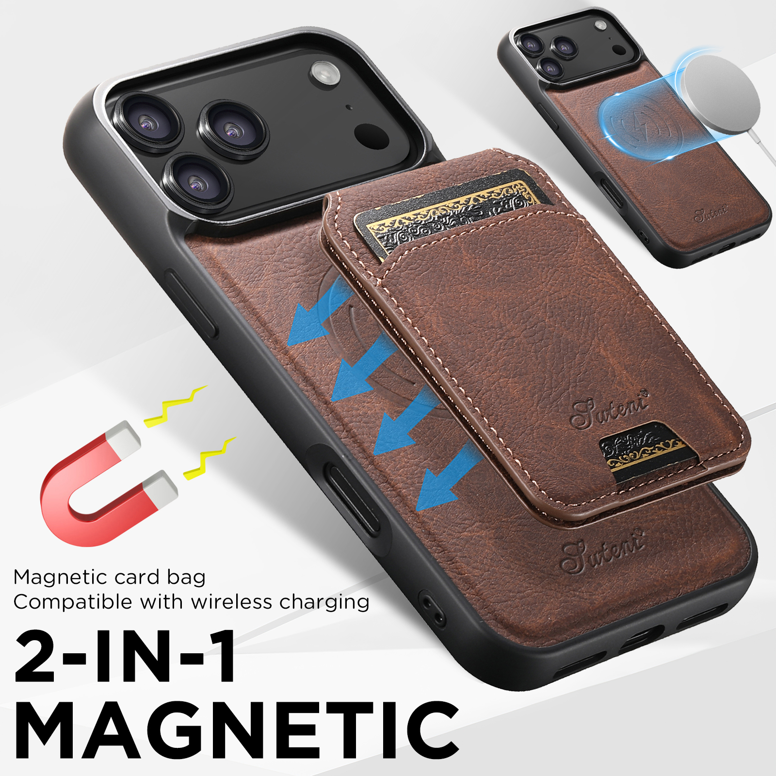 SUTENI H16 Wireless Charging Phone Case Magnet Card Holder Stand Faux Leather For iPhone 17 Pro Max 16 Plus 15 14 13 12