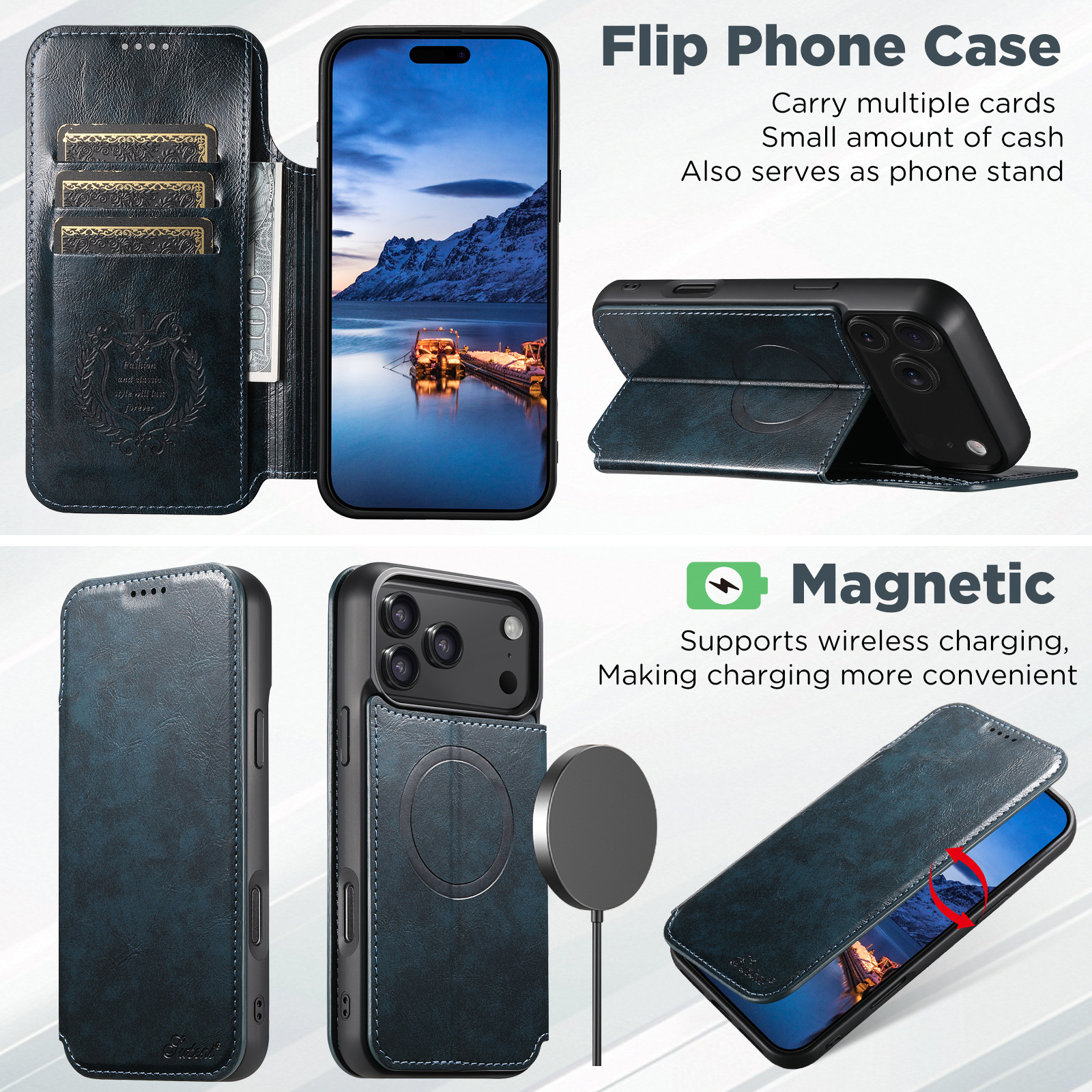 SUTENI J05 Faux Leather Wireless Charging  Card Holder Stand Wallet Magnetic buckle Phone Case For iPhone 17 Pro Max 16 Plus 15 14 13 12