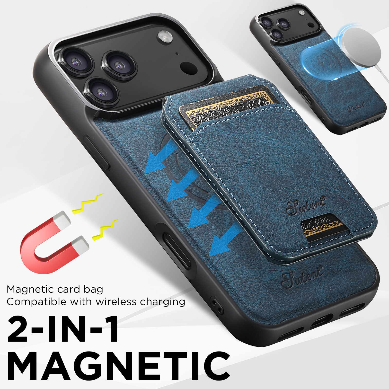 SUTENI H16 Wireless Charging Phone Case Magnet Card Holder Stand Faux Leather For iPhone 17 Pro Max 16 Plus 15 14 13 12
