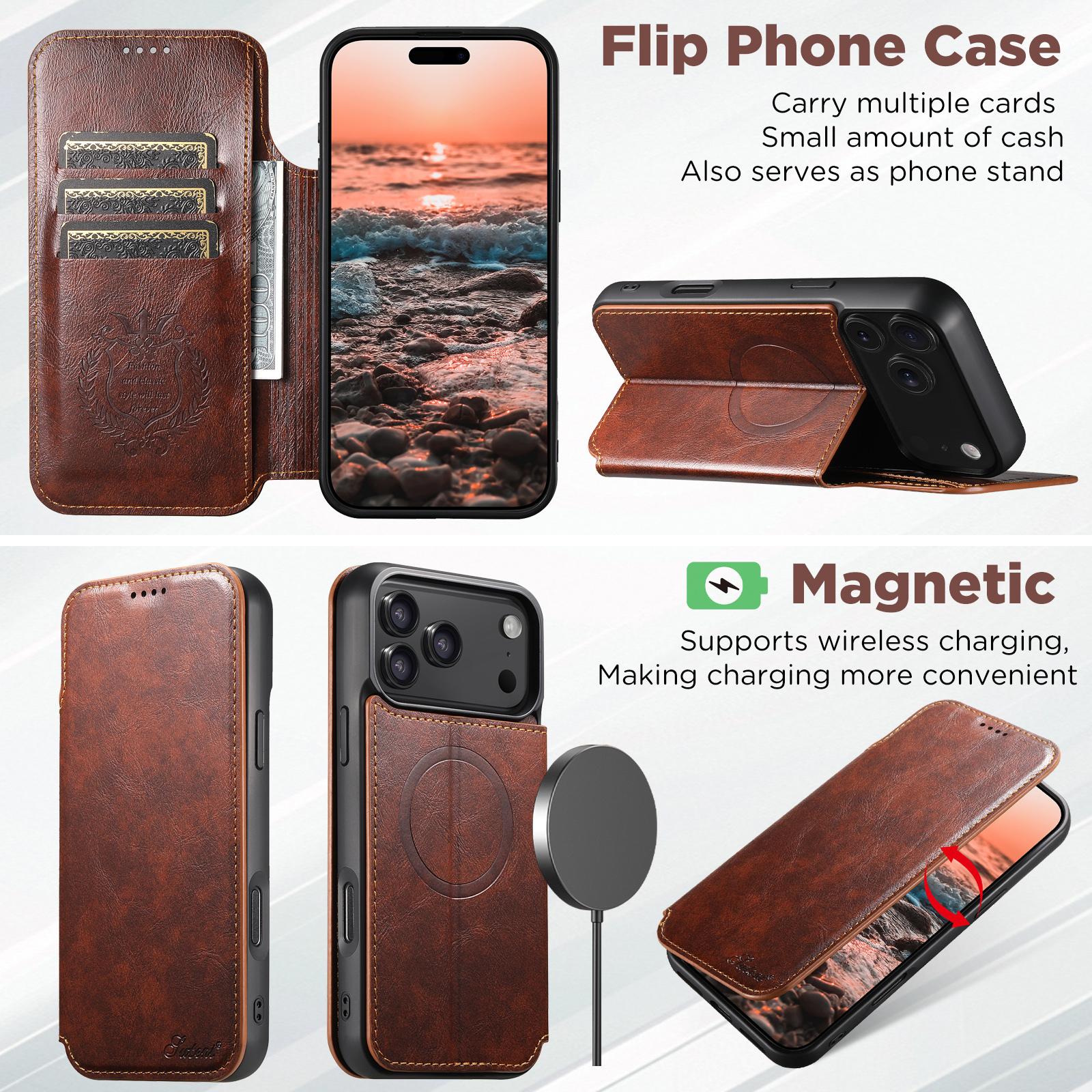 SUTENI J05 Faux Leather Wireless Charging  Card Holder Stand Wallet Magnetic buckle Phone Case For iPhone 17 Pro Max 16 Plus 15 14 13 12