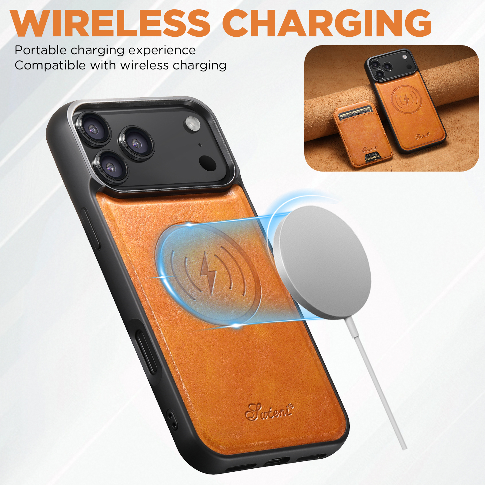 SUTENI H15 Wireless Charging Faux Leather Magnet Card Holder Stand Picture frame Phone Case For iPhone 17 Pro Max 16 Plus 15 14 13 12