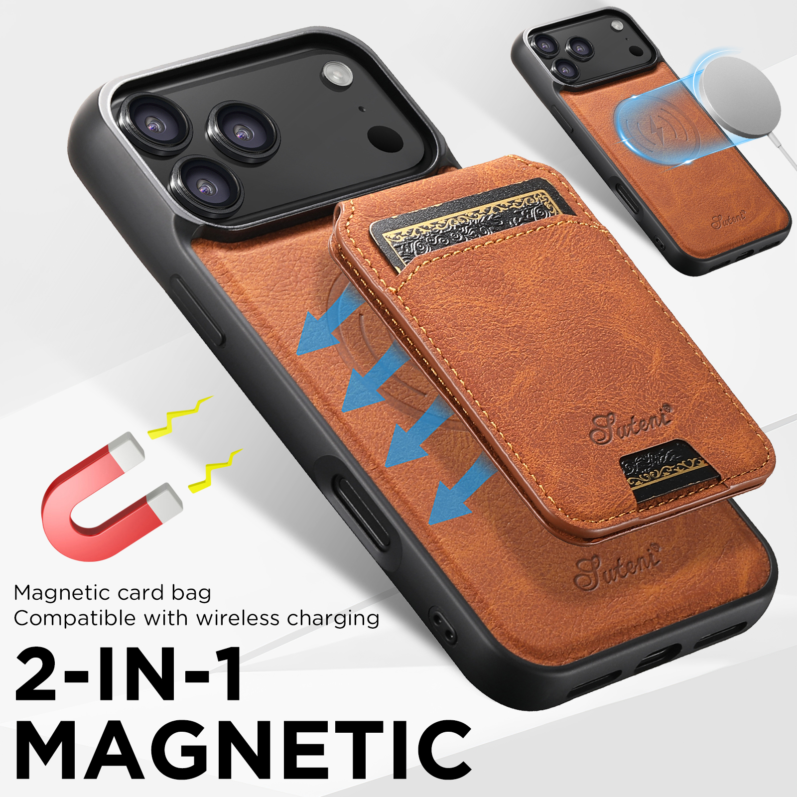 SUTENI H16 Wireless Charging Phone Case Magnet Card Holder Stand Faux Leather For iPhone 17 Pro Max 16 Plus 15 14 13 12