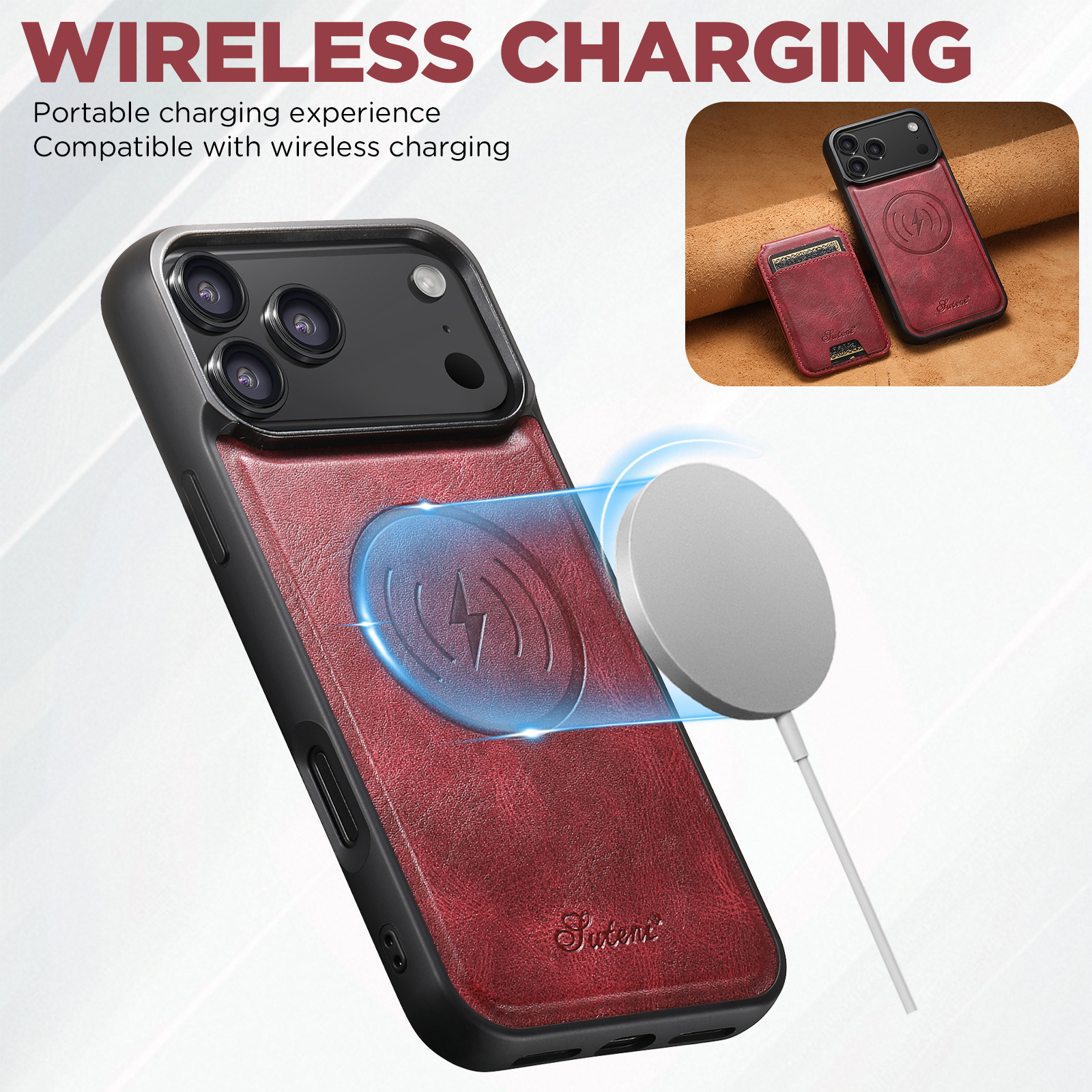 SUTENI H15 Wireless Charging Faux Leather Magnet Card Holder Stand Picture frame Phone Case For iPhone 17 Pro Max 16 Plus 15 14 13 12
