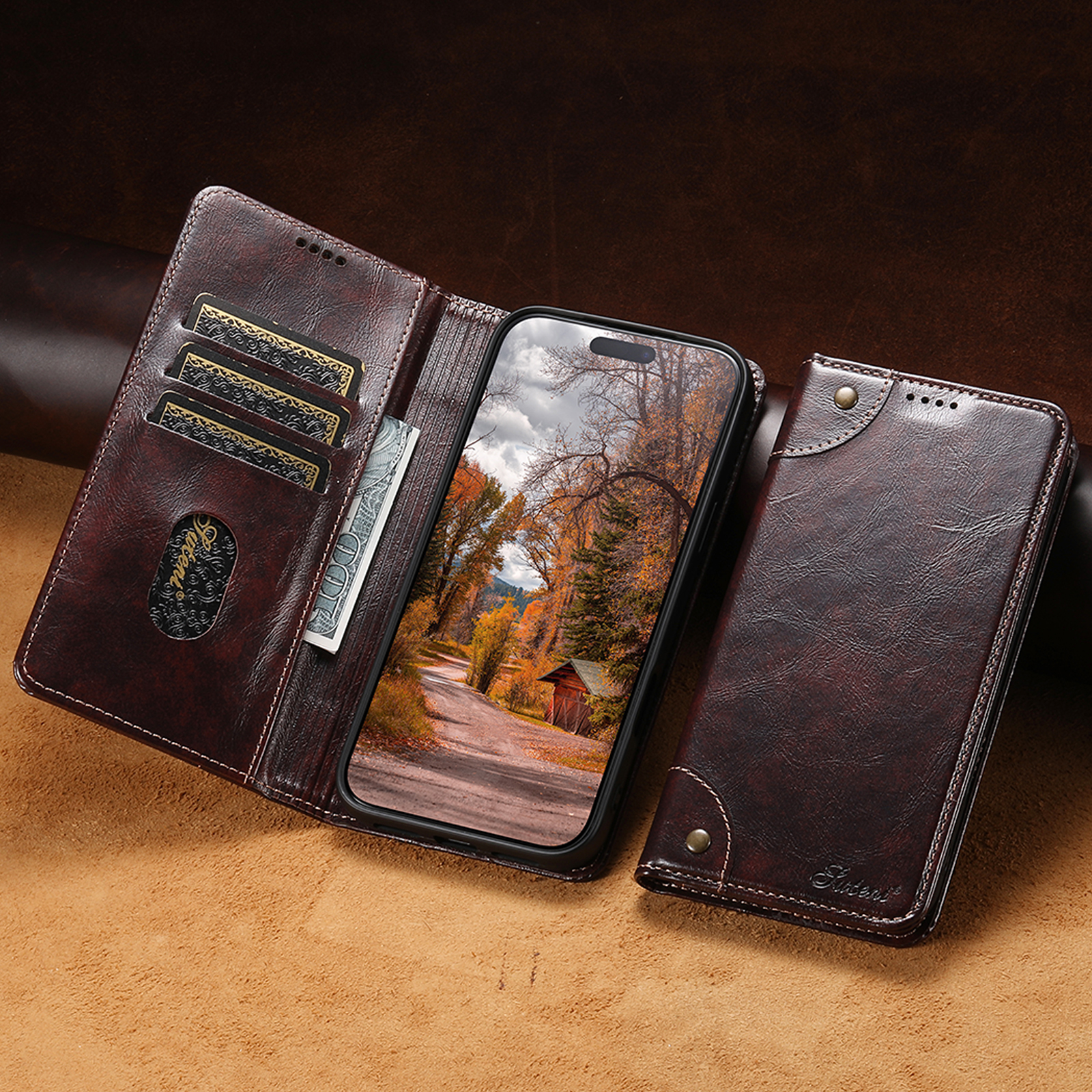 SUTENI BLK Phone Case Faux Leather Card Holder Stand Wallet Magnet Flip Cover For iPhone 17 Pro Max 16 Plus 15 14 13 12