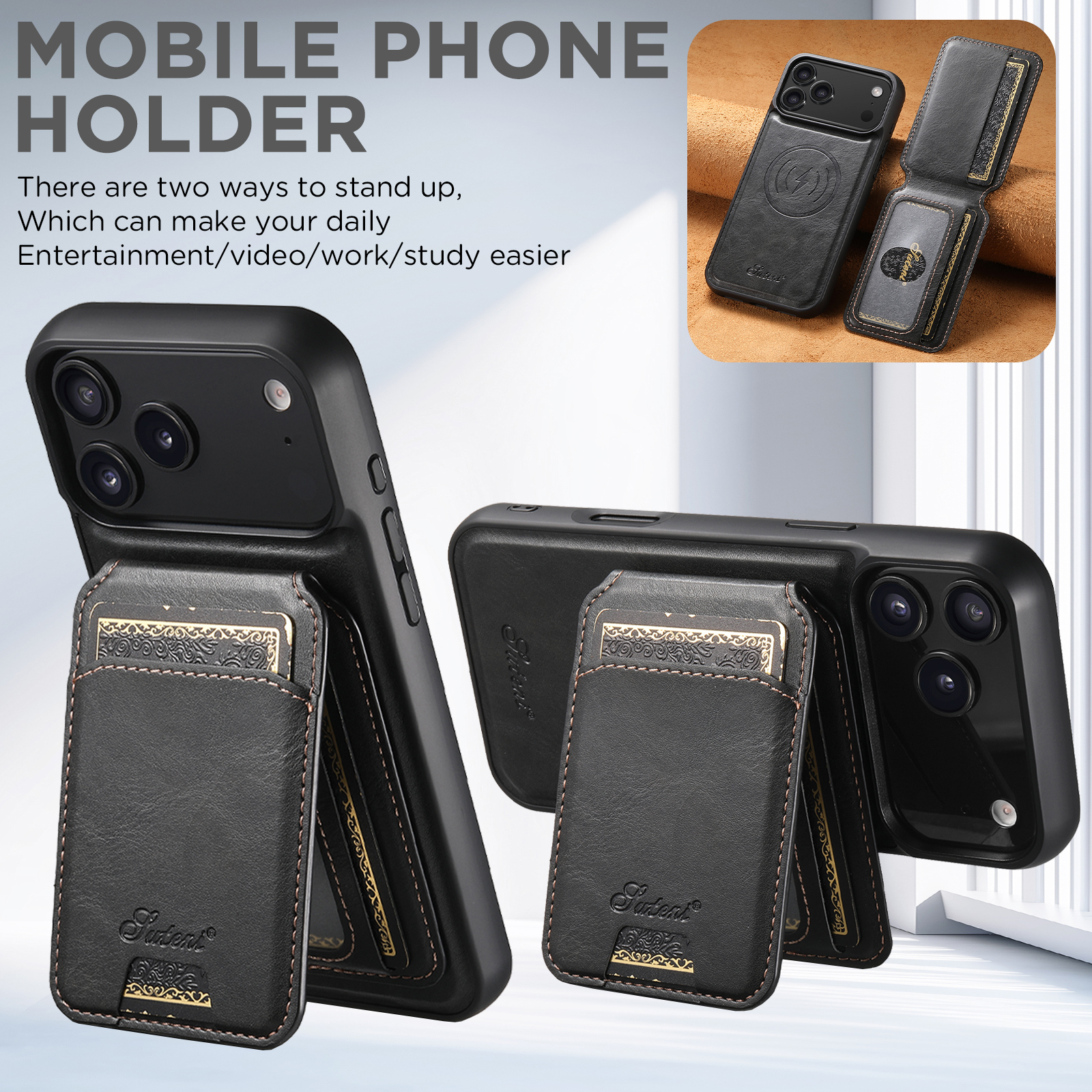 SUTENI H15 Wireless Charging Faux Leather Magnet Card Holder Stand Picture frame Phone Case For iPhone 17 Pro Max 16 Plus 15 14 13 12