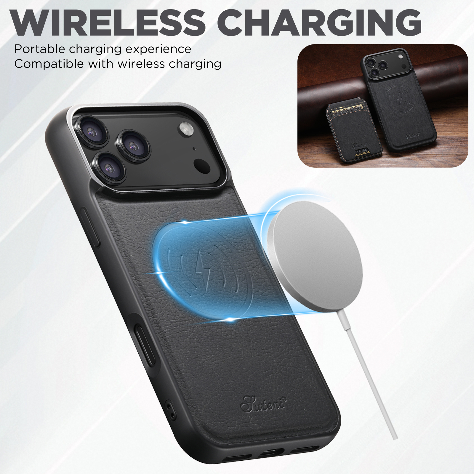 SUTENI H16 Wireless Charging Phone Case Magnet Card Holder Stand Faux Leather For iPhone 17 Pro Max 16 Plus 15 14 13 12