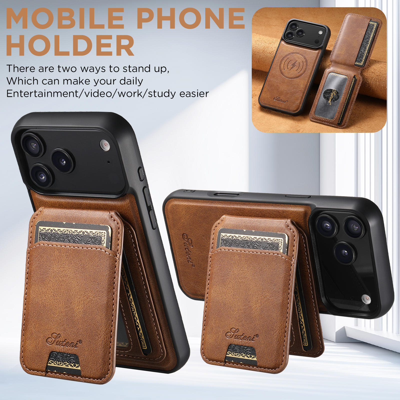 SUTENI H15 Wireless Charging Faux Leather Magnet Card Holder Stand Picture frame Phone Case For iPhone 17 Pro Max 16 Plus 15 14 13 12
