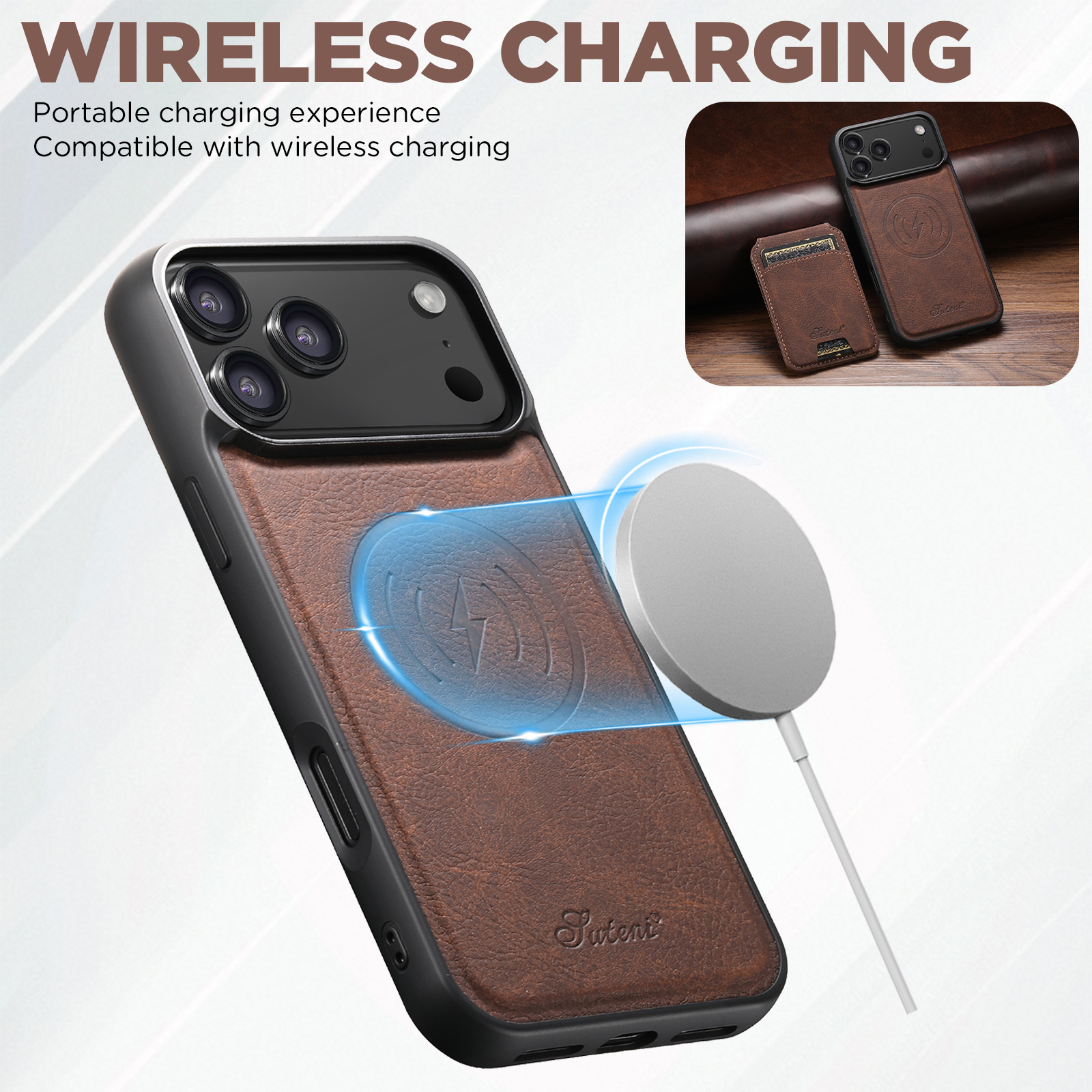 SUTENI H16 Wireless Charging Phone Case Magnet Card Holder Stand Faux Leather For iPhone 17 Pro Max 16 Plus 15 14 13 12