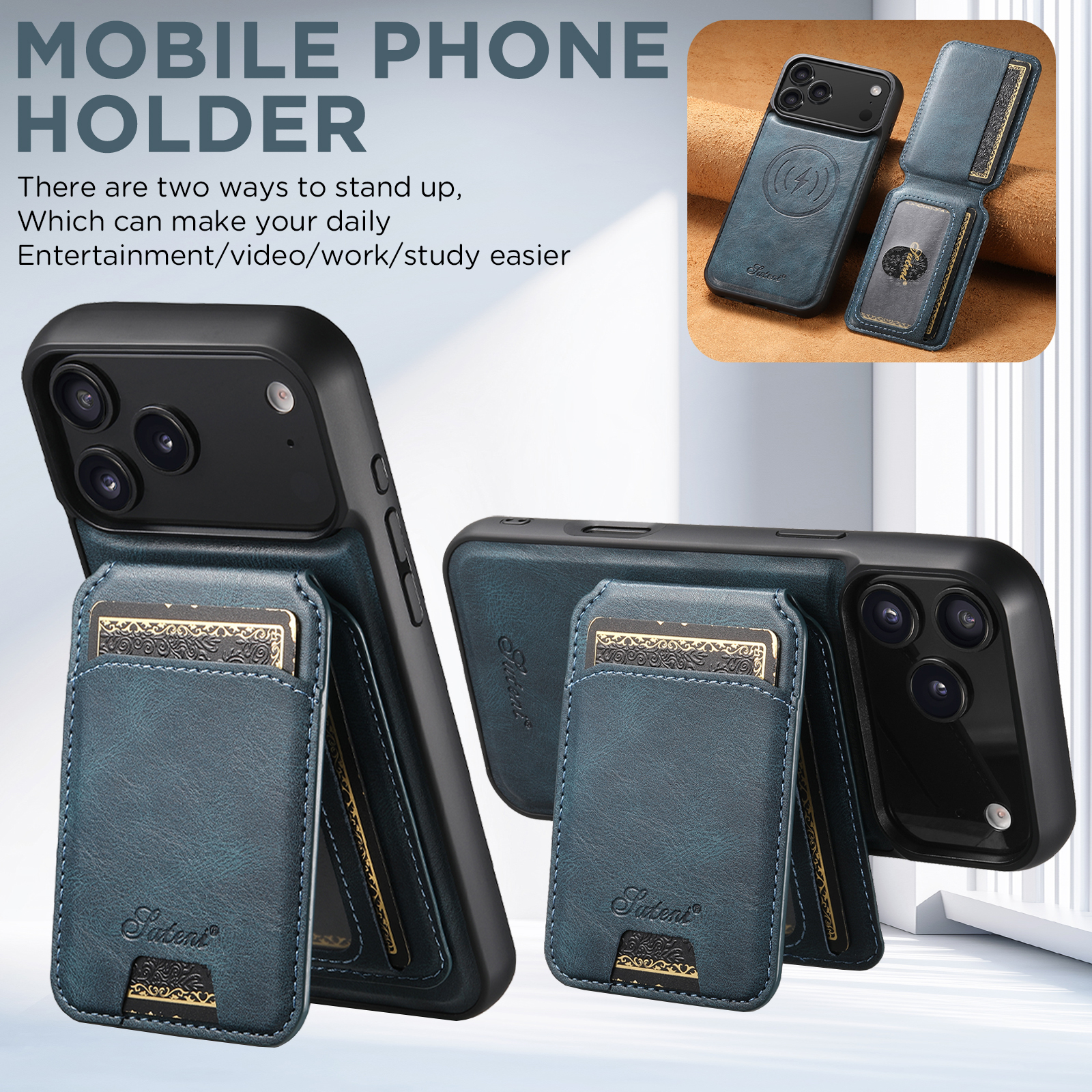 SUTENI H15 Wireless Charging Faux Leather Magnet Card Holder Stand Picture frame Phone Case For iPhone 17 Pro Max 16 Plus 15 14 13 12