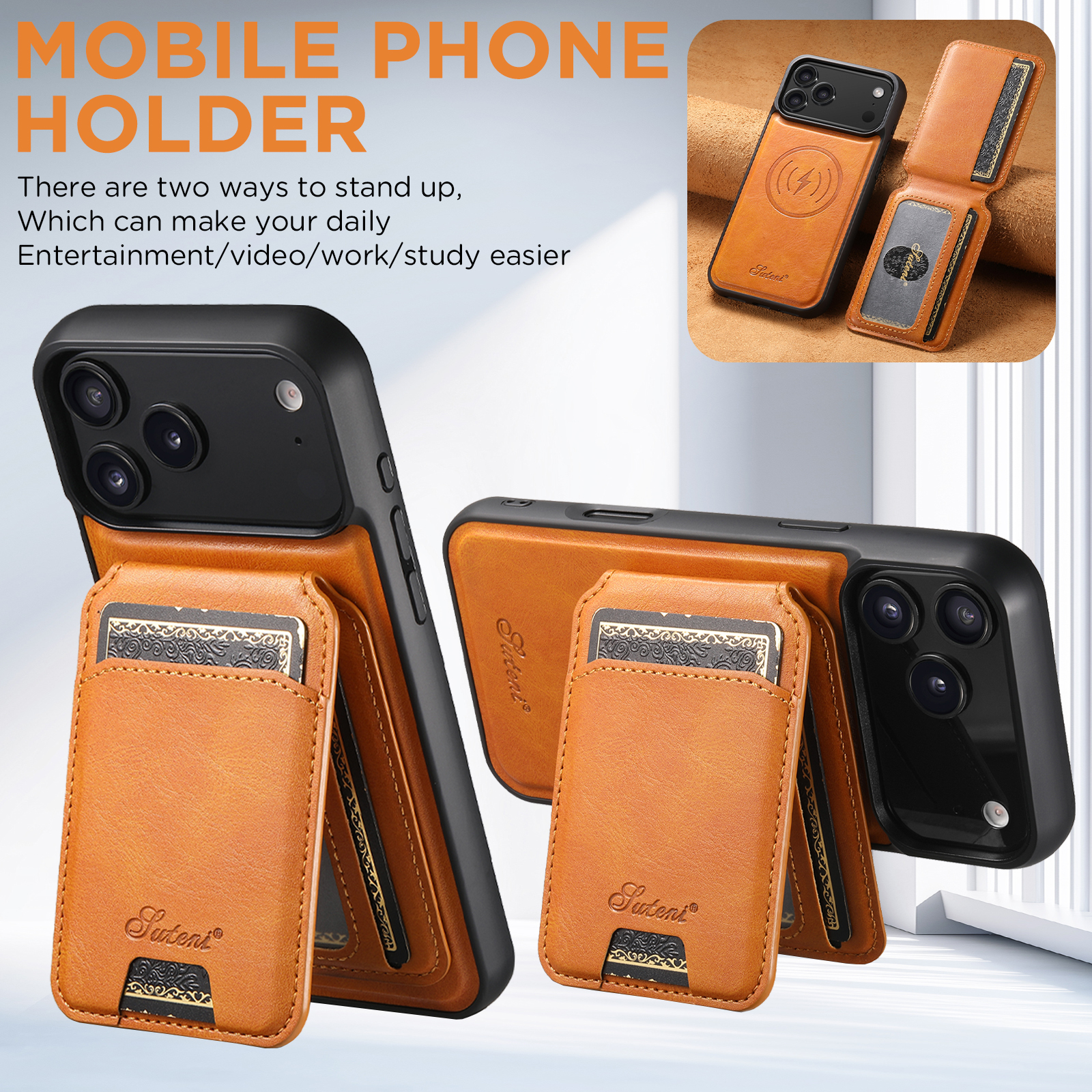 SUTENI H15 Wireless Charging Faux Leather Magnet Card Holder Stand Picture frame Phone Case For iPhone 17 Pro Max 16 Plus 15 14 13 12