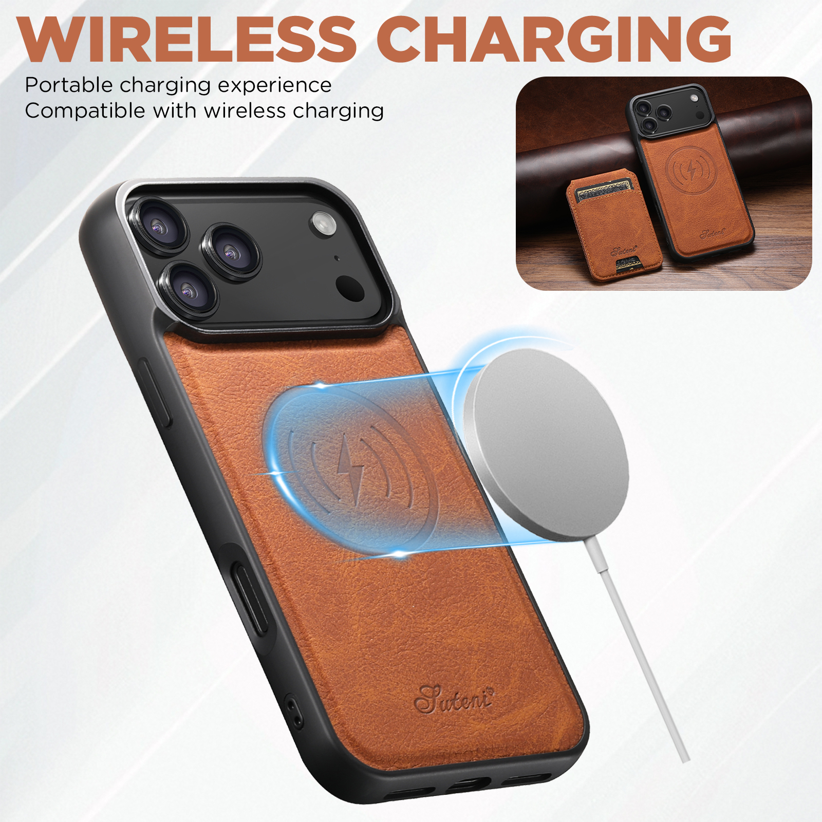 SUTENI H16 Wireless Charging Phone Case Magnet Card Holder Stand Faux Leather For iPhone 17 Pro Max 16 Plus 15 14 13 12
