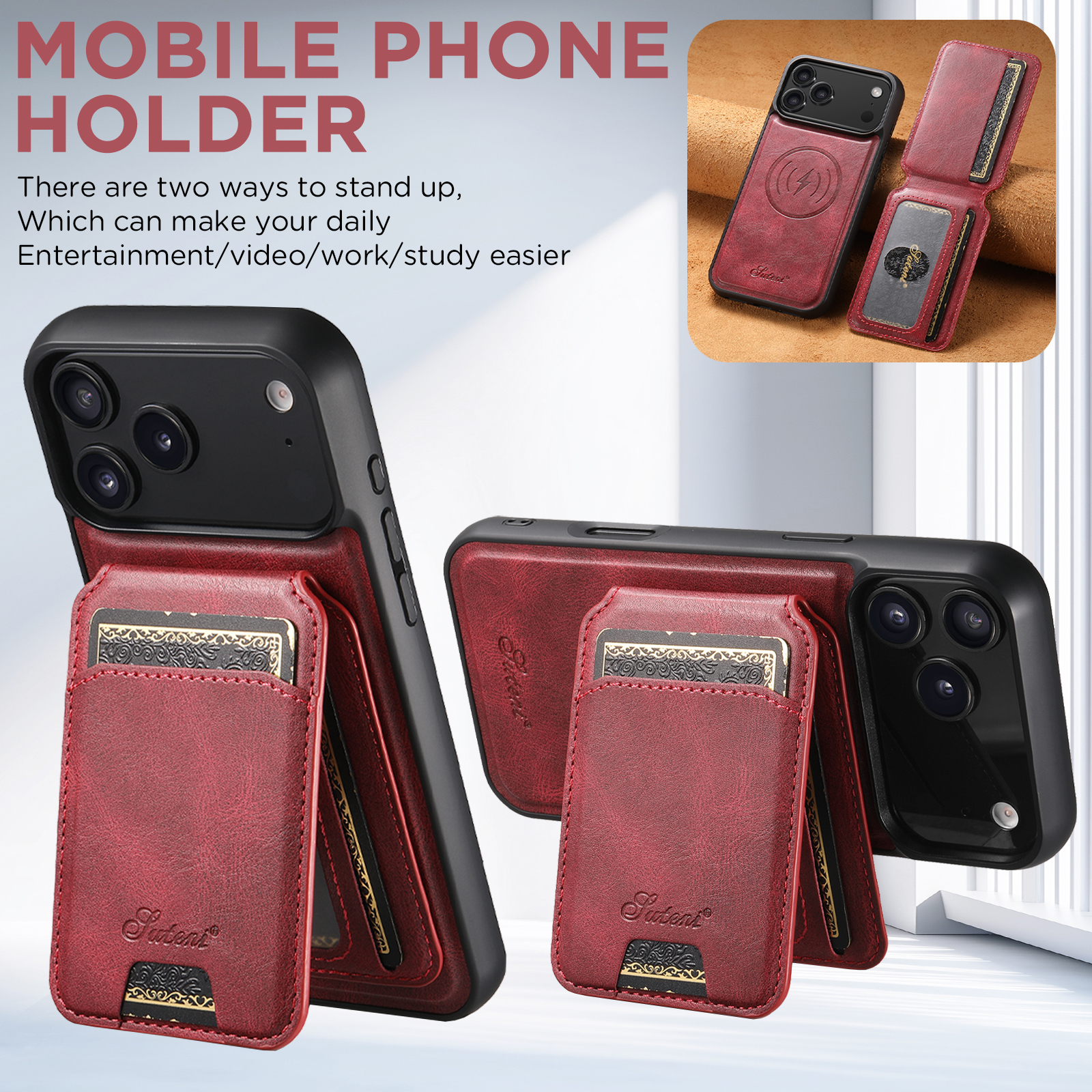 SUTENI H15 Wireless Charging Faux Leather Magnet Card Holder Stand Picture frame Phone Case For iPhone 17 Pro Max 16 Plus 15 14 13 12