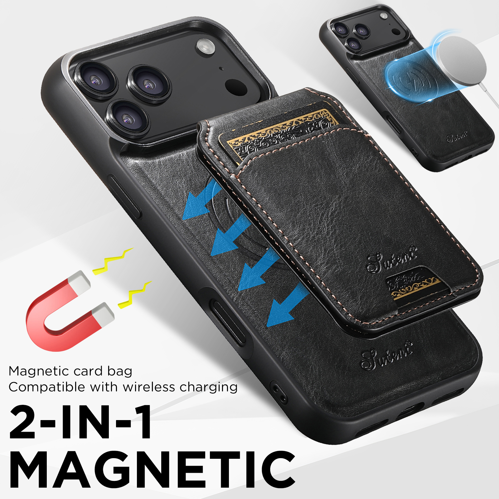 SUTENI H15 Wireless Charging Faux Leather Magnet Card Holder Stand Picture frame Phone Case For iPhone 17 Pro Max 16 Plus 15 14 13 12