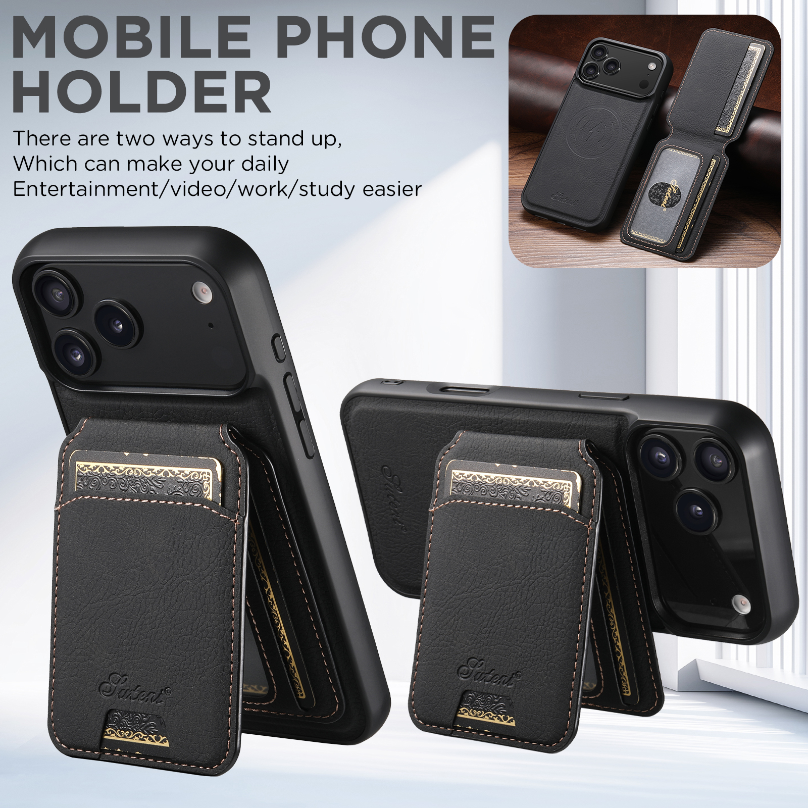 SUTENI H16 Wireless Charging Phone Case Magnet Card Holder Stand Faux Leather For iPhone 17 Pro Max 16 Plus 15 14 13 12