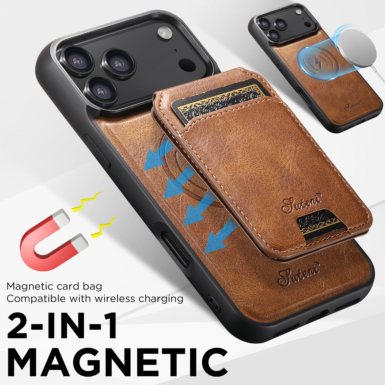 SUTENI H15 Wireless Charging Faux Leather Magnet Card Holder Stand Picture frame Phone Case For iPhone 17 Pro Max 16 Plus 15 14 13 12