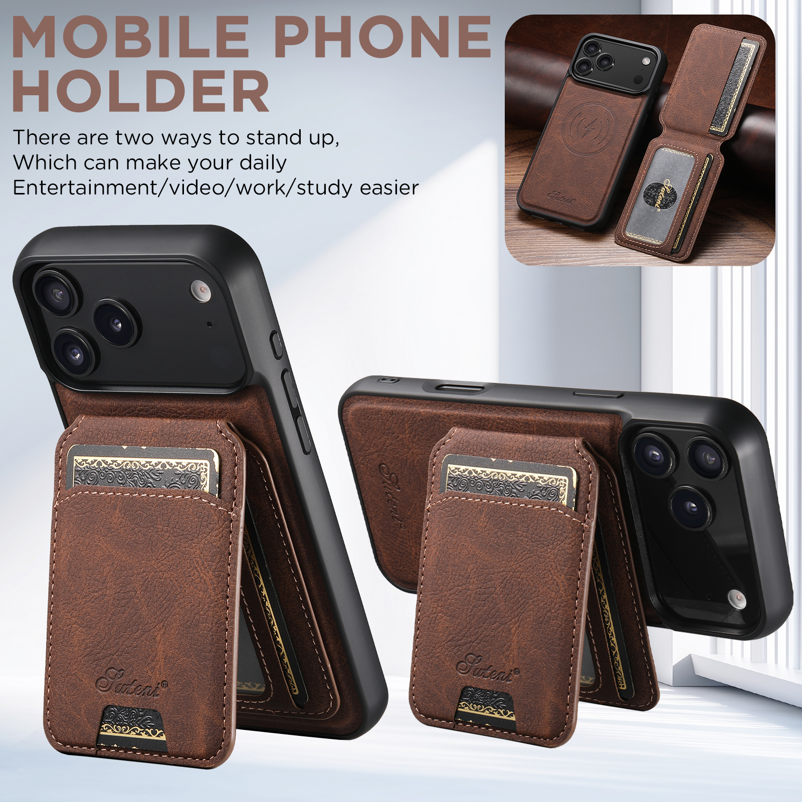 SUTENI H16 Wireless Charging Phone Case Magnet Card Holder Stand Faux Leather For iPhone 17 Pro Max 16 Plus 15 14 13 12