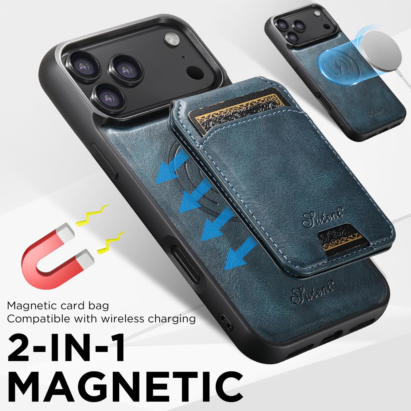 SUTENI H15 Wireless Charging Faux Leather Magnet Card Holder Stand Picture frame Phone Case For iPhone 17 Pro Max 16 Plus 15 14 13 12