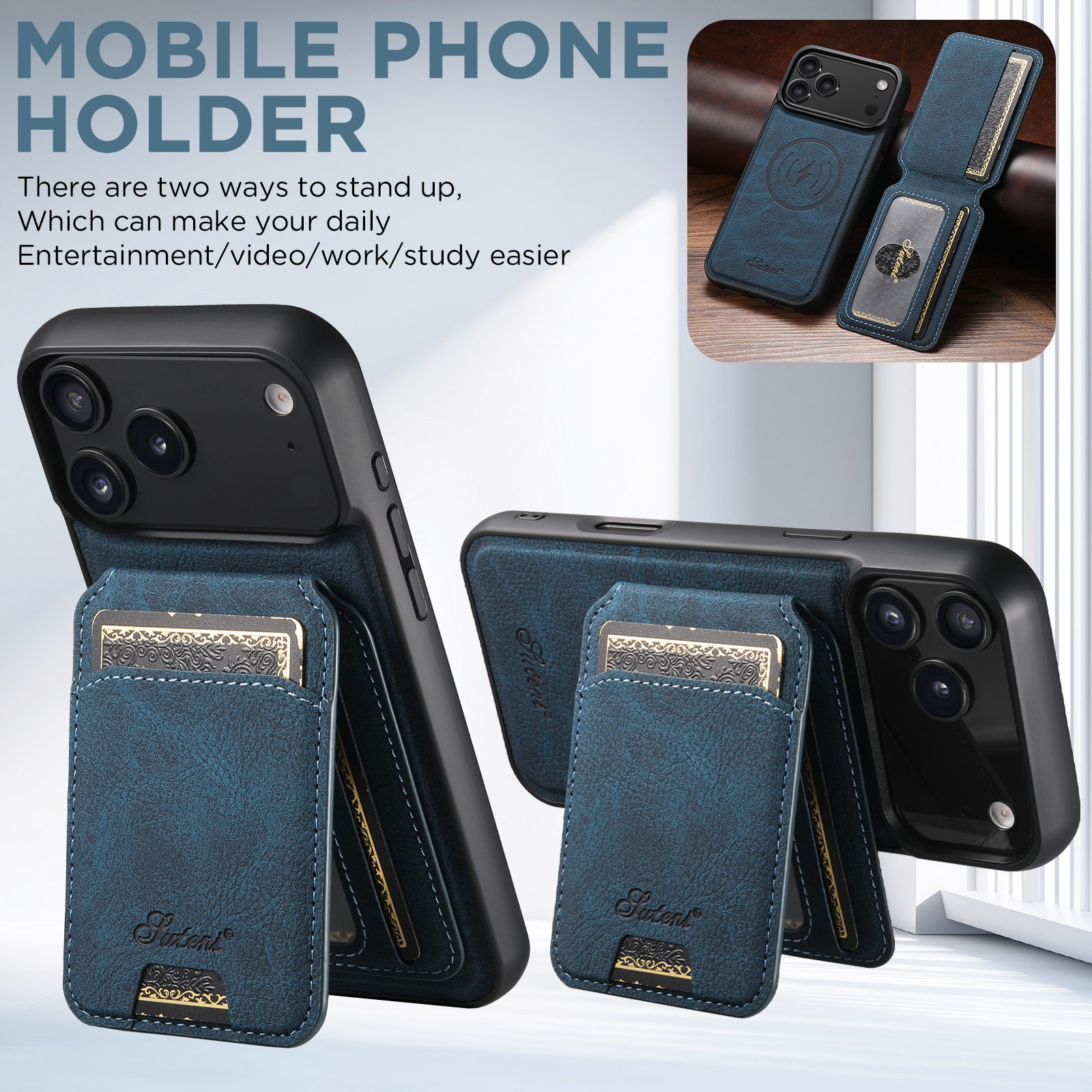SUTENI H16 Wireless Charging Phone Case Magnet Card Holder Stand Faux Leather For iPhone 17 Pro Max 16 Plus 15 14 13 12