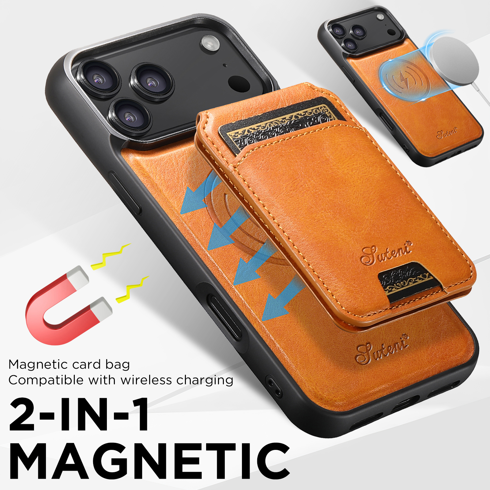 SUTENI H15 Wireless Charging Faux Leather Magnet Card Holder Stand Picture frame Phone Case For iPhone 17 Pro Max 16 Plus 15 14 13 12