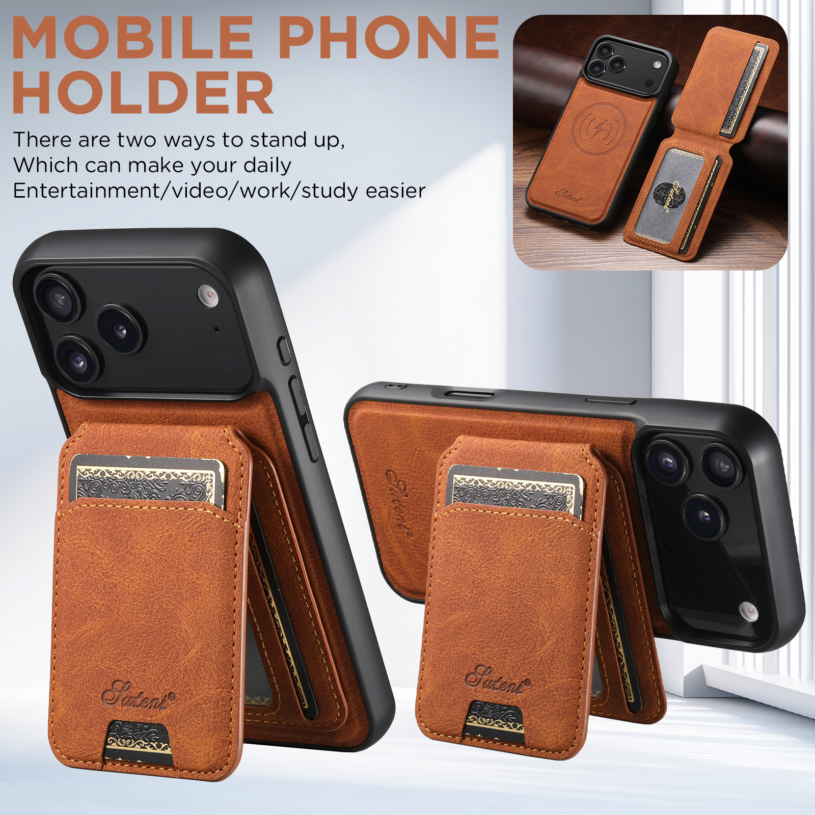 SUTENI H16 Wireless Charging Phone Case Magnet Card Holder Stand Faux Leather For iPhone 17 Pro Max 16 Plus 15 14 13 12