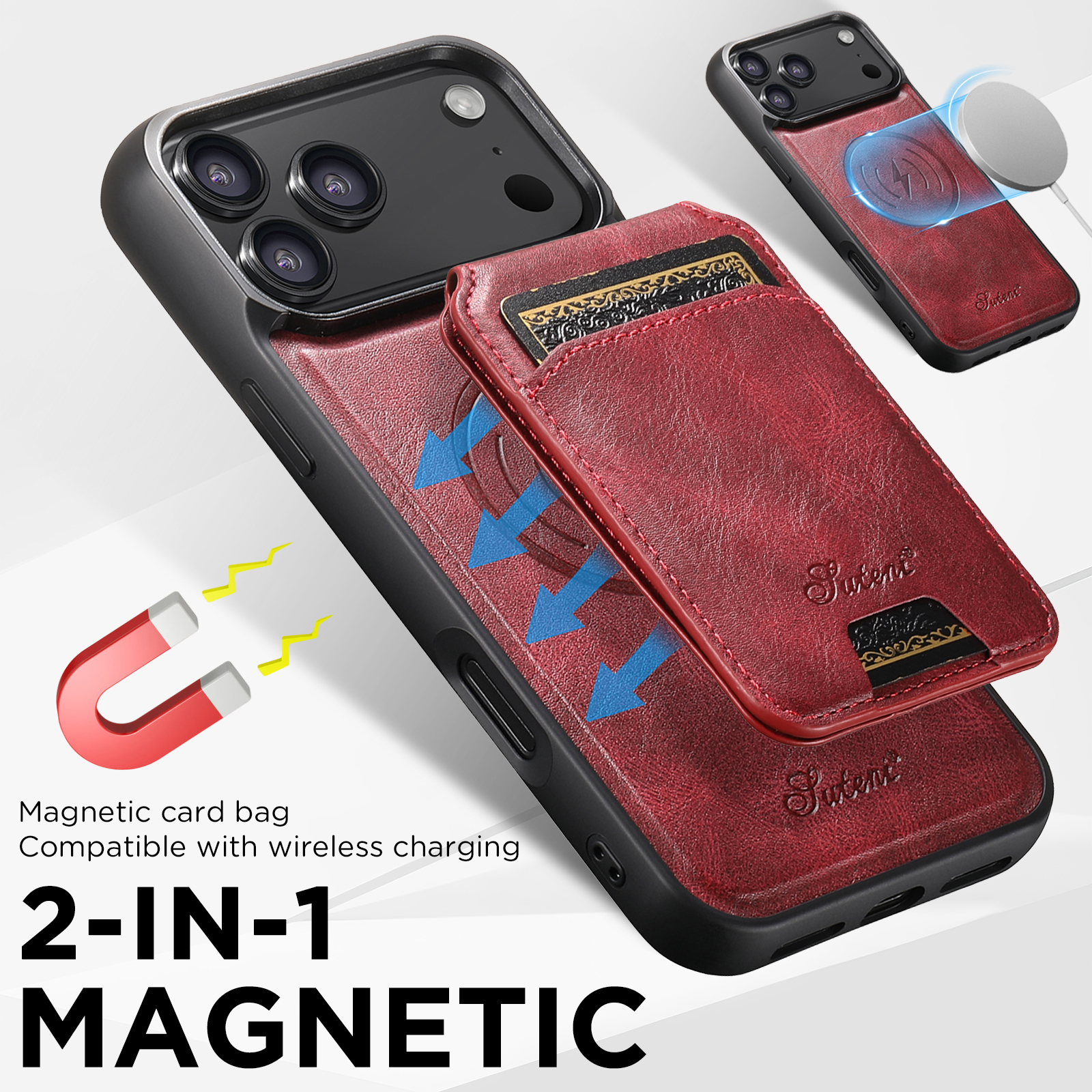 SUTENI H15 Wireless Charging Faux Leather Magnet Card Holder Stand Picture frame Phone Case For iPhone 17 Pro Max 16 Plus 15 14 13 12